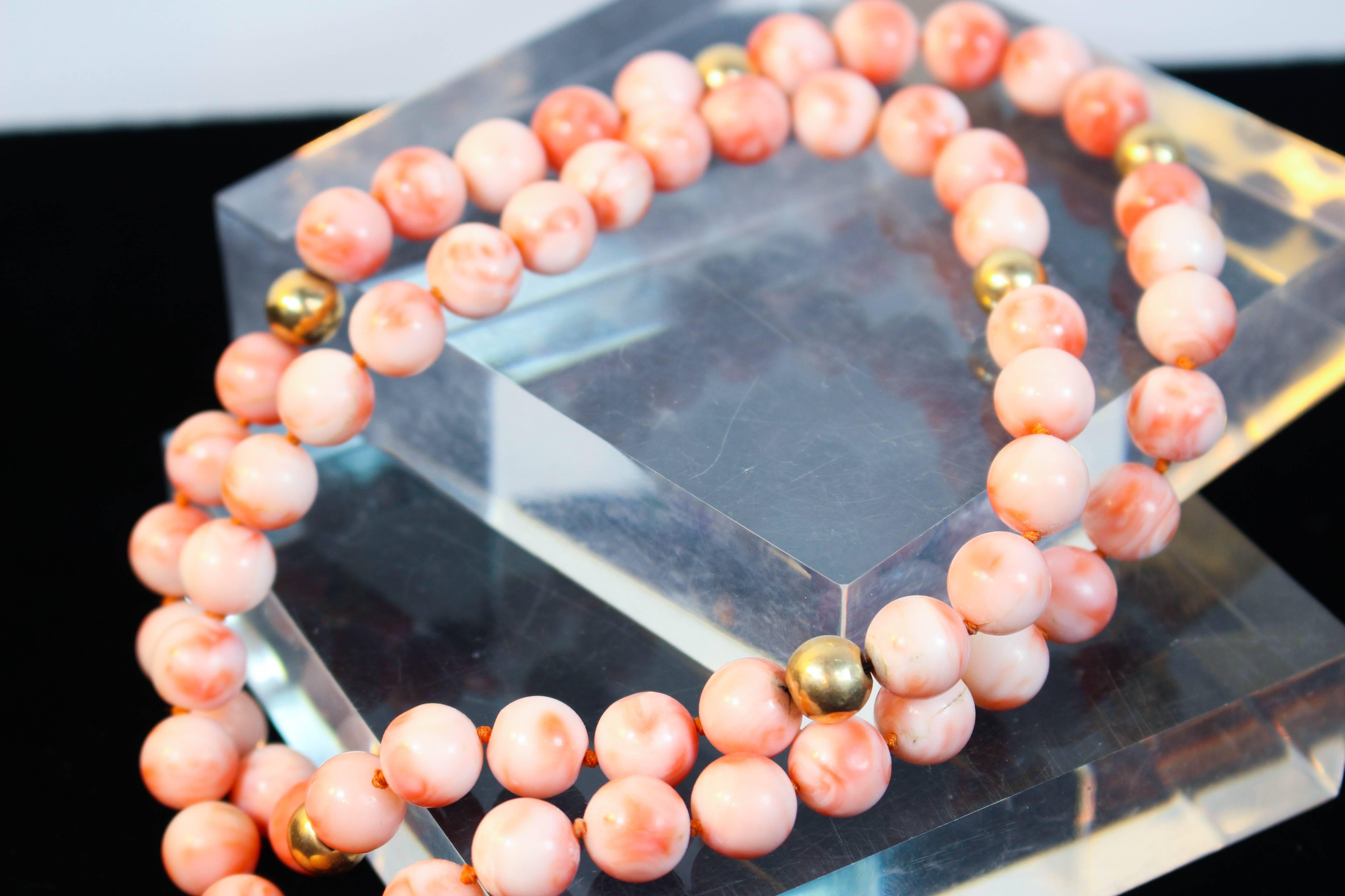 Angel Skin Coral Large Gold Bead Necklace In Excellent Condition For Sale In Los Angeles, CA
