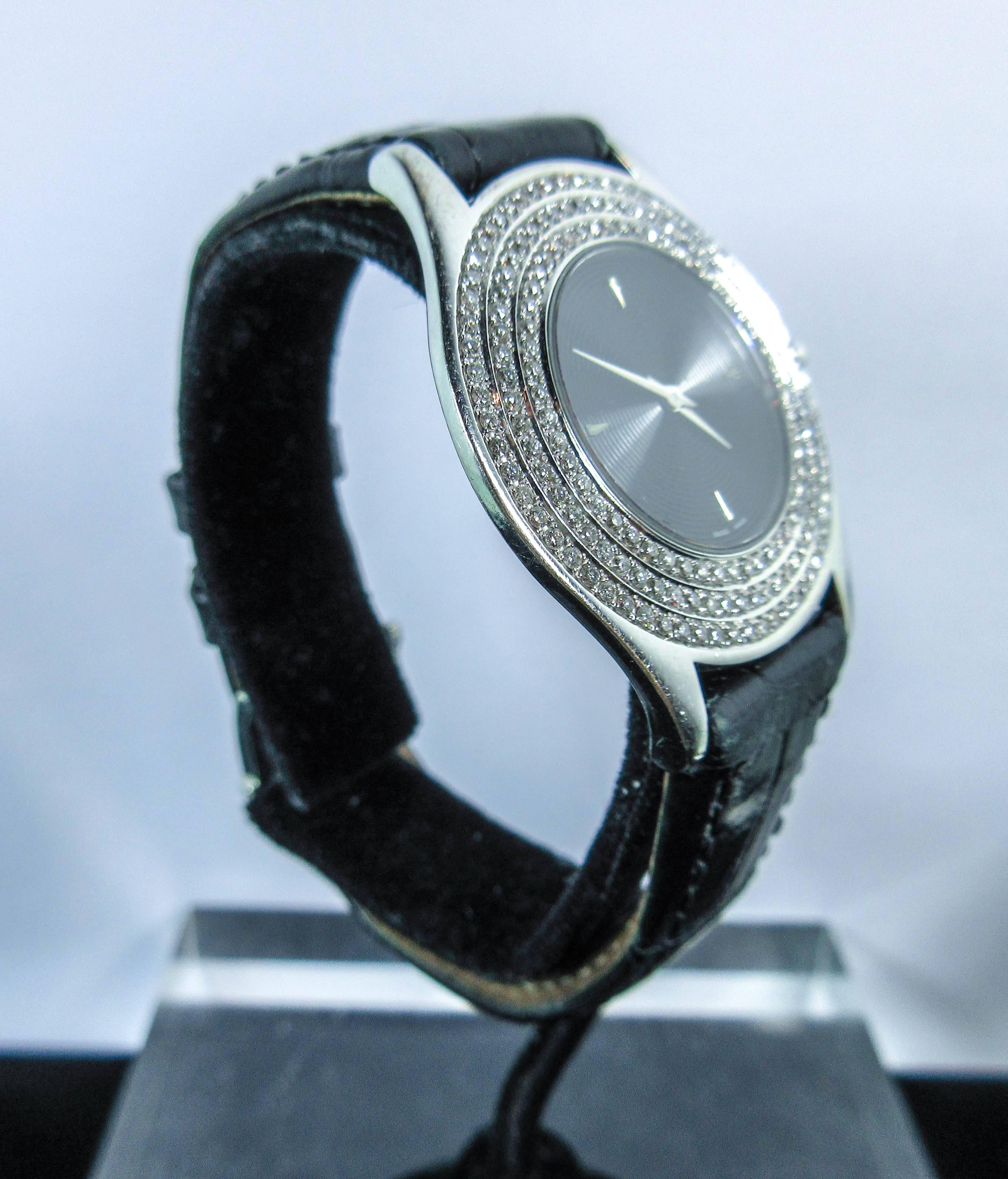 Mauboussin Ladies Gold Pave Diamond Accent Black Exotic Alligator Wristwatch In Excellent Condition In Los Angeles, CA
