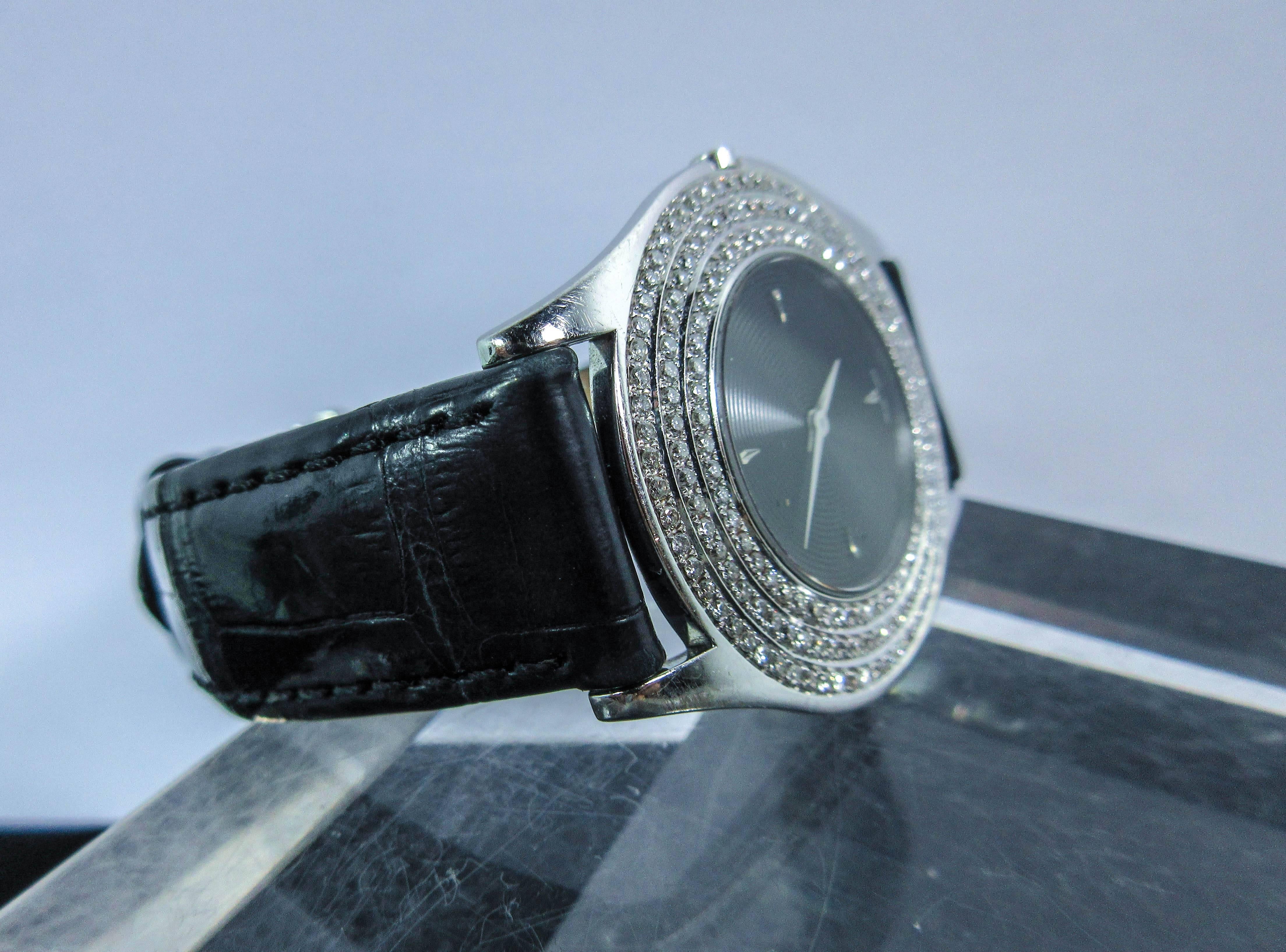 Mauboussin Ladies Gold Pave Diamond Accent Black Exotic Alligator Wristwatch 3
