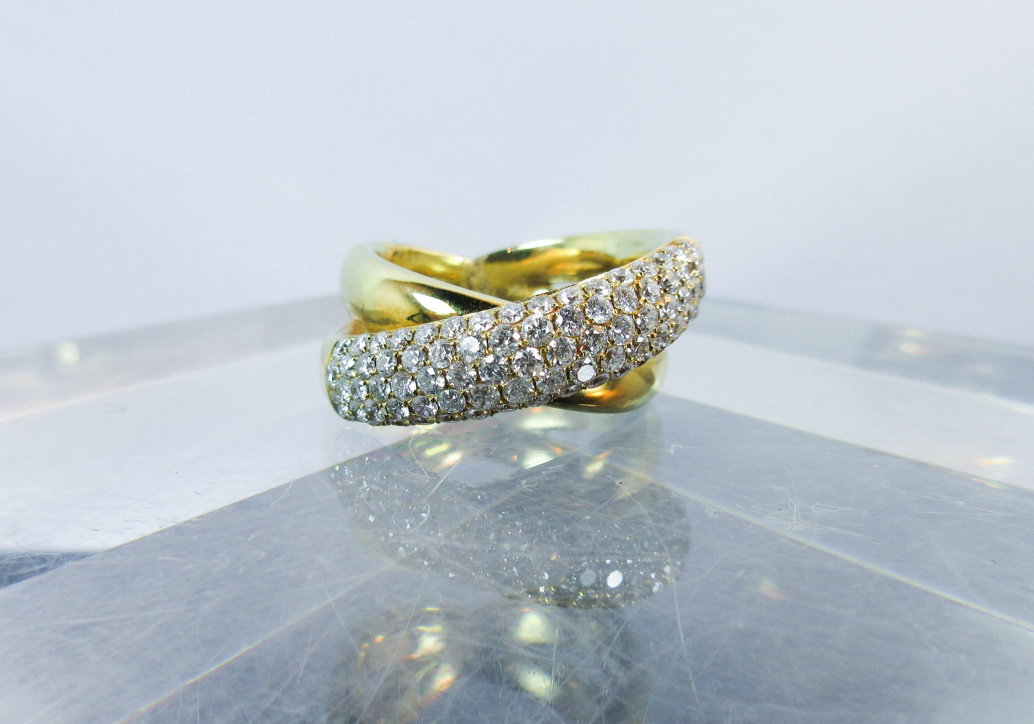 Diamond  Gold Pave Criss Cross Ring In Excellent Condition For Sale In Los Angeles, CA