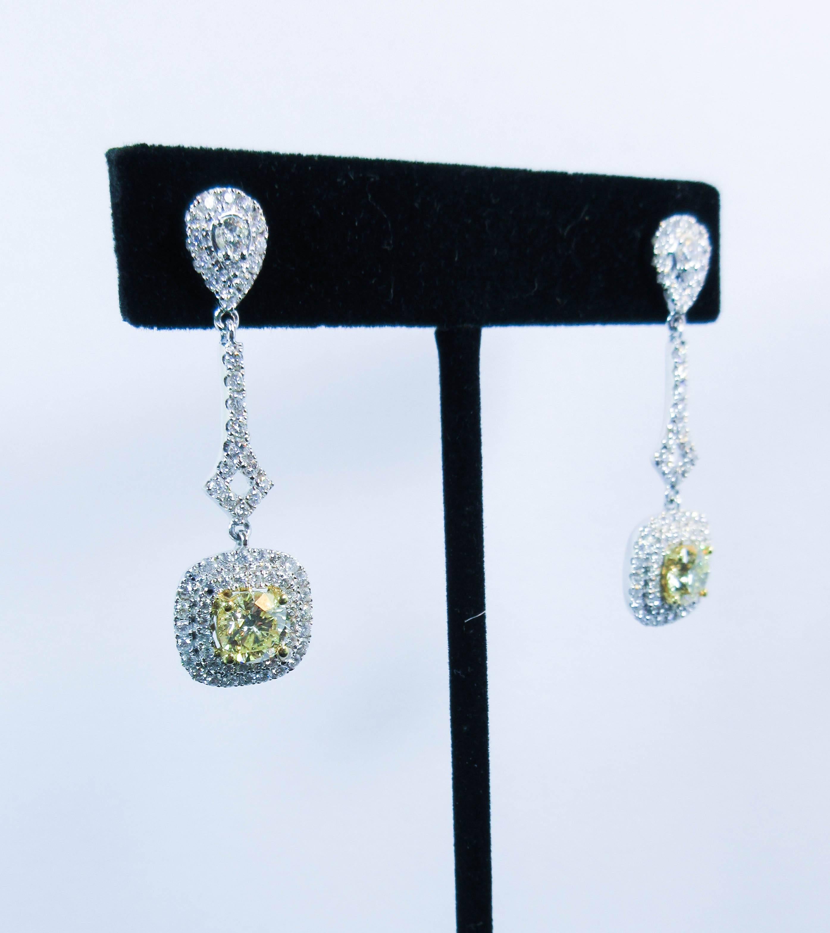 Women's Stunning Yellow Cuts Diamond Pave White Gold Drop Earrings For Sale