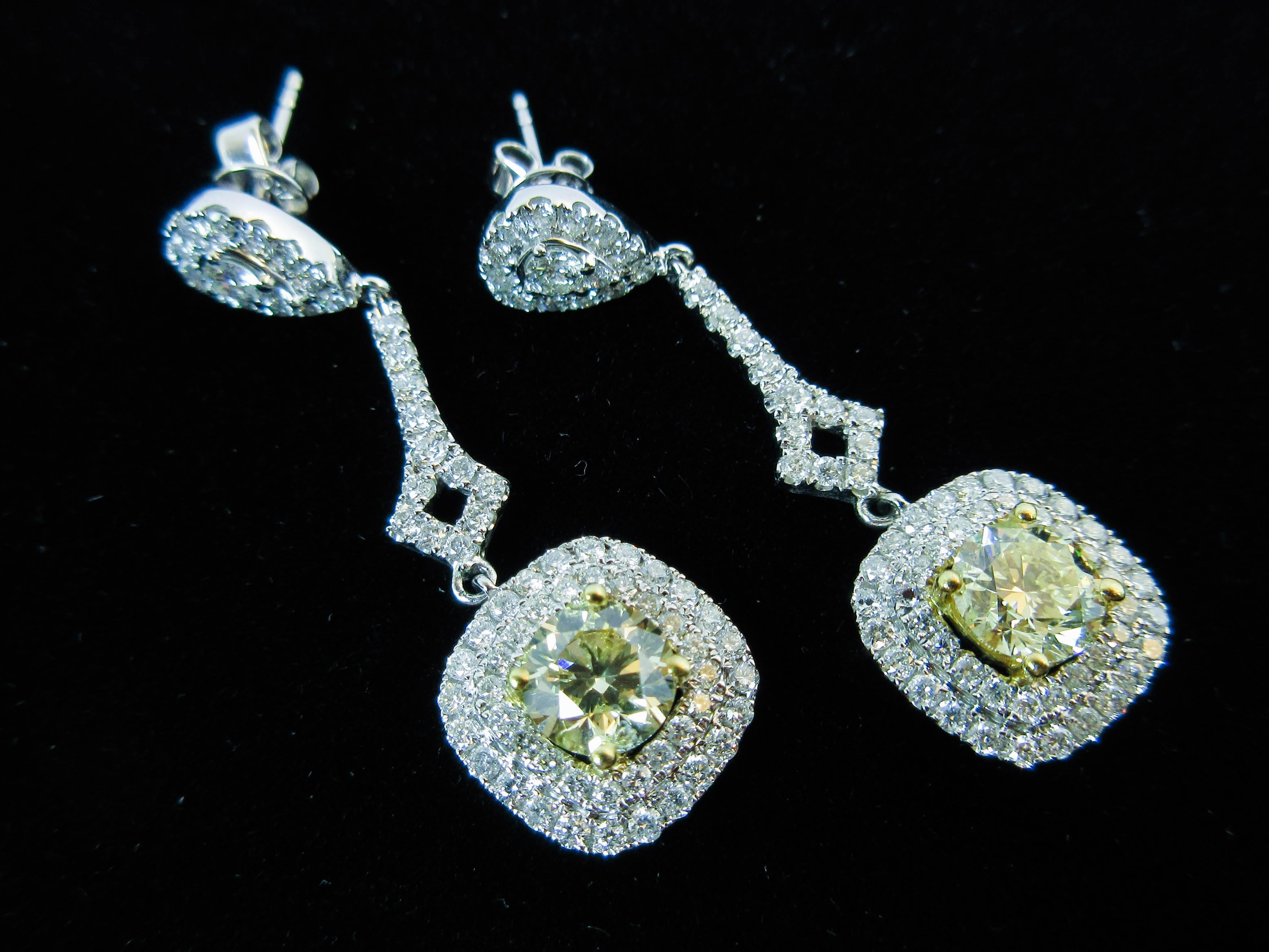 Stunning Yellow Cuts Diamond Pave White Gold Drop Earrings For Sale 3