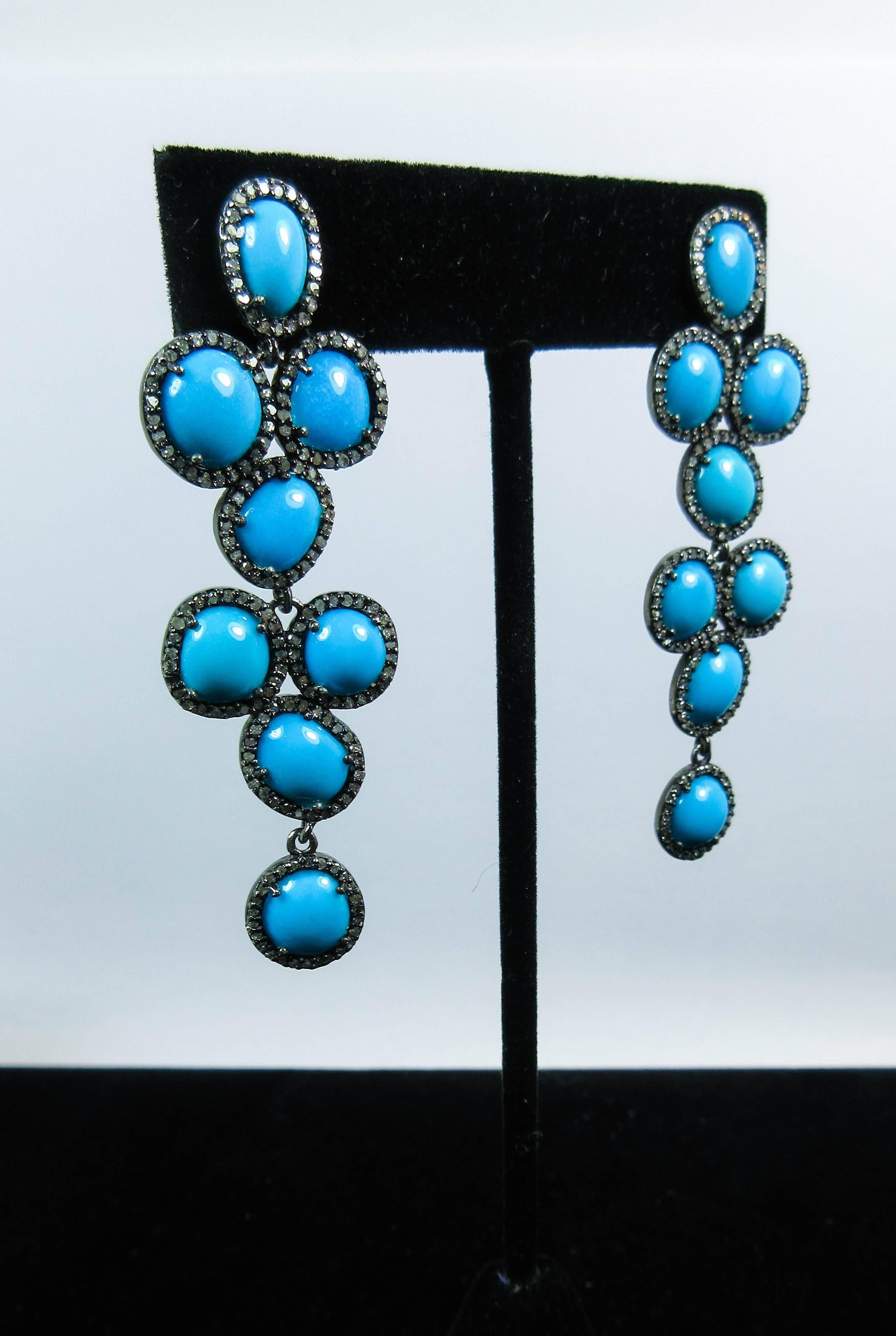 Turquoise and Silver Earrings with Pave Accents In Excellent Condition In Los Angeles, CA