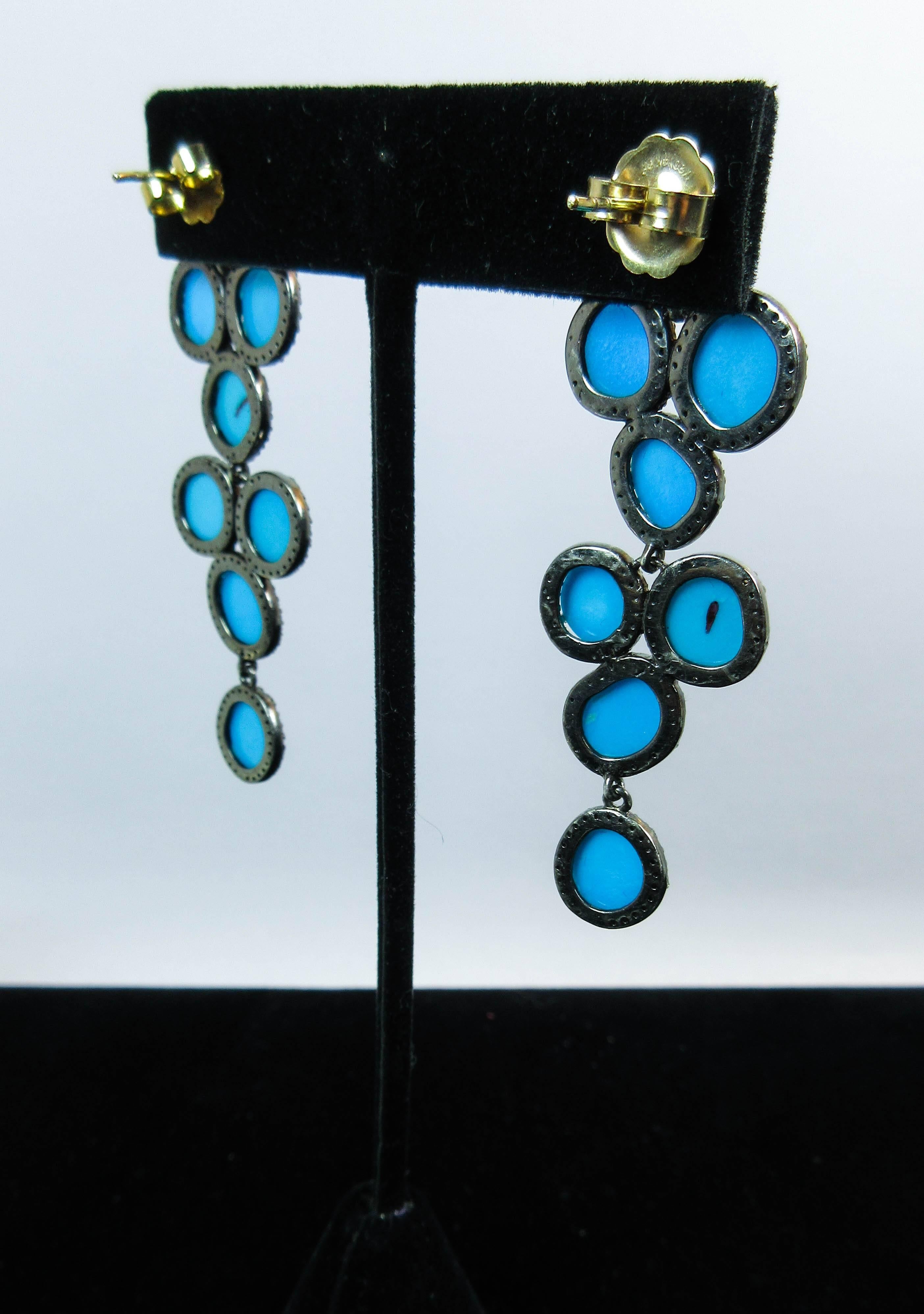 Women's or Men's Turquoise and Silver Earrings with Pave Accents