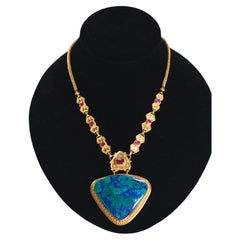 Ruby and 22 Karat Gold Necklace with Statement Azurmalachite Pendant
