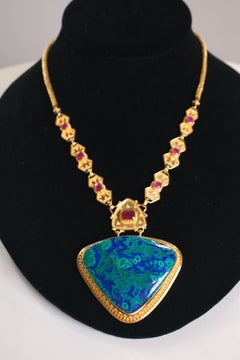 Ruby and 22 Karat Gold Necklace with Statement Azurmalachite Pendant