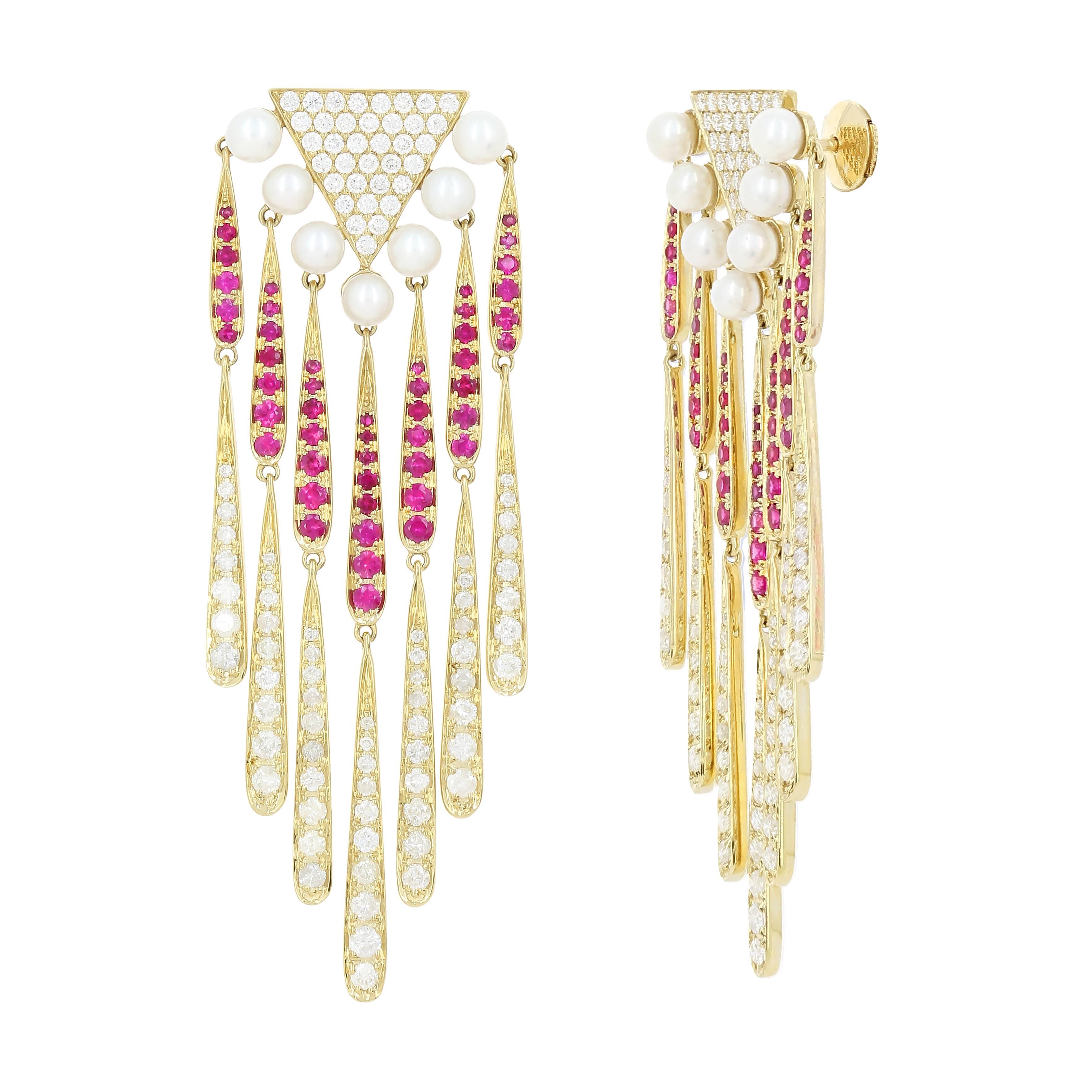 Yvonne Leon Yellow Gold with Diamonds Ruby and Pearls Coiffe Earrings For Sale