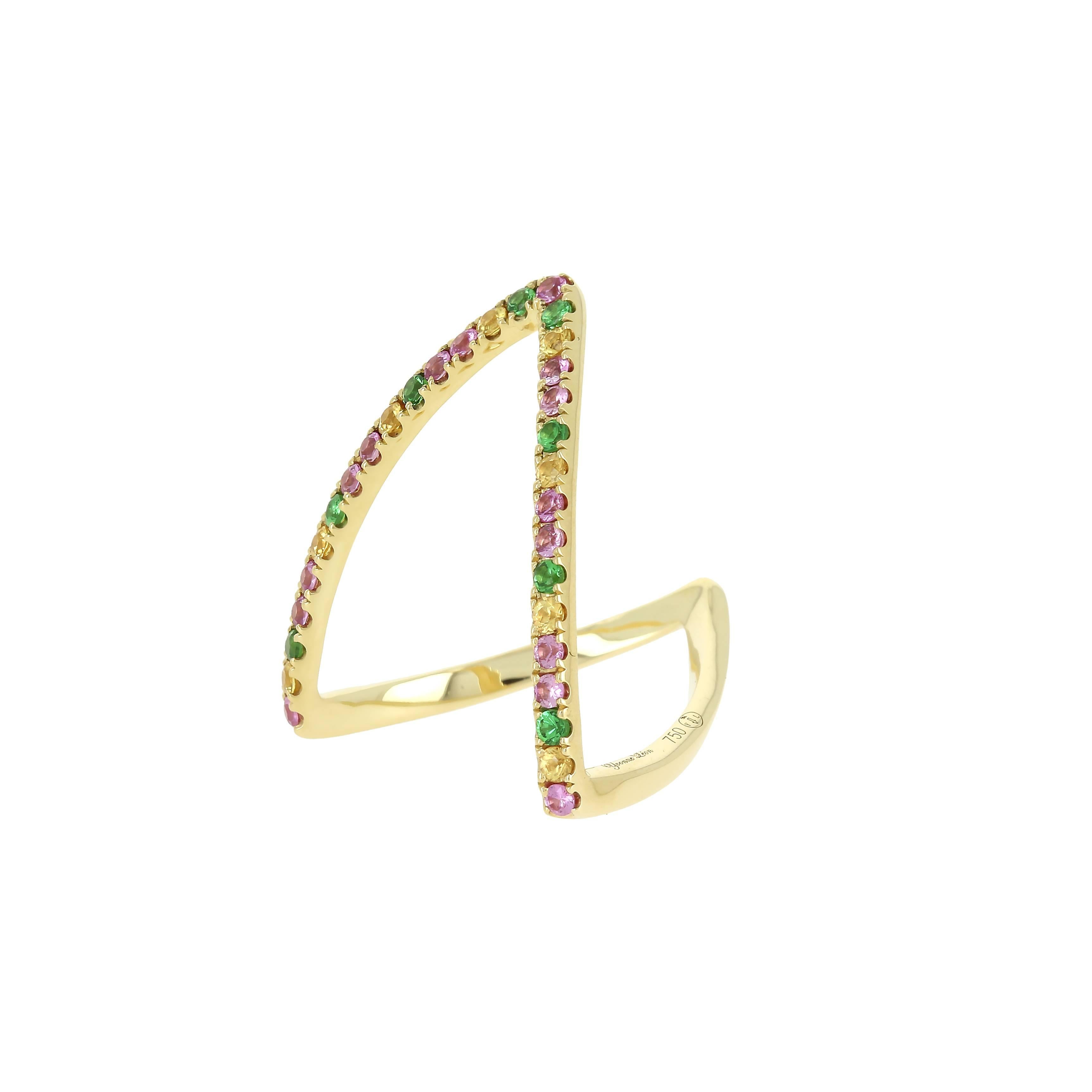 Ring in Yellow Gold 18 carats 3,1gr approx.
Pink Sapphires 0,20 carats approx.
Tsavorites 0,15 carats approx.
Yellow Sapphires 0,15 carats Approx.
V shape
Can be make in any size on demand.
