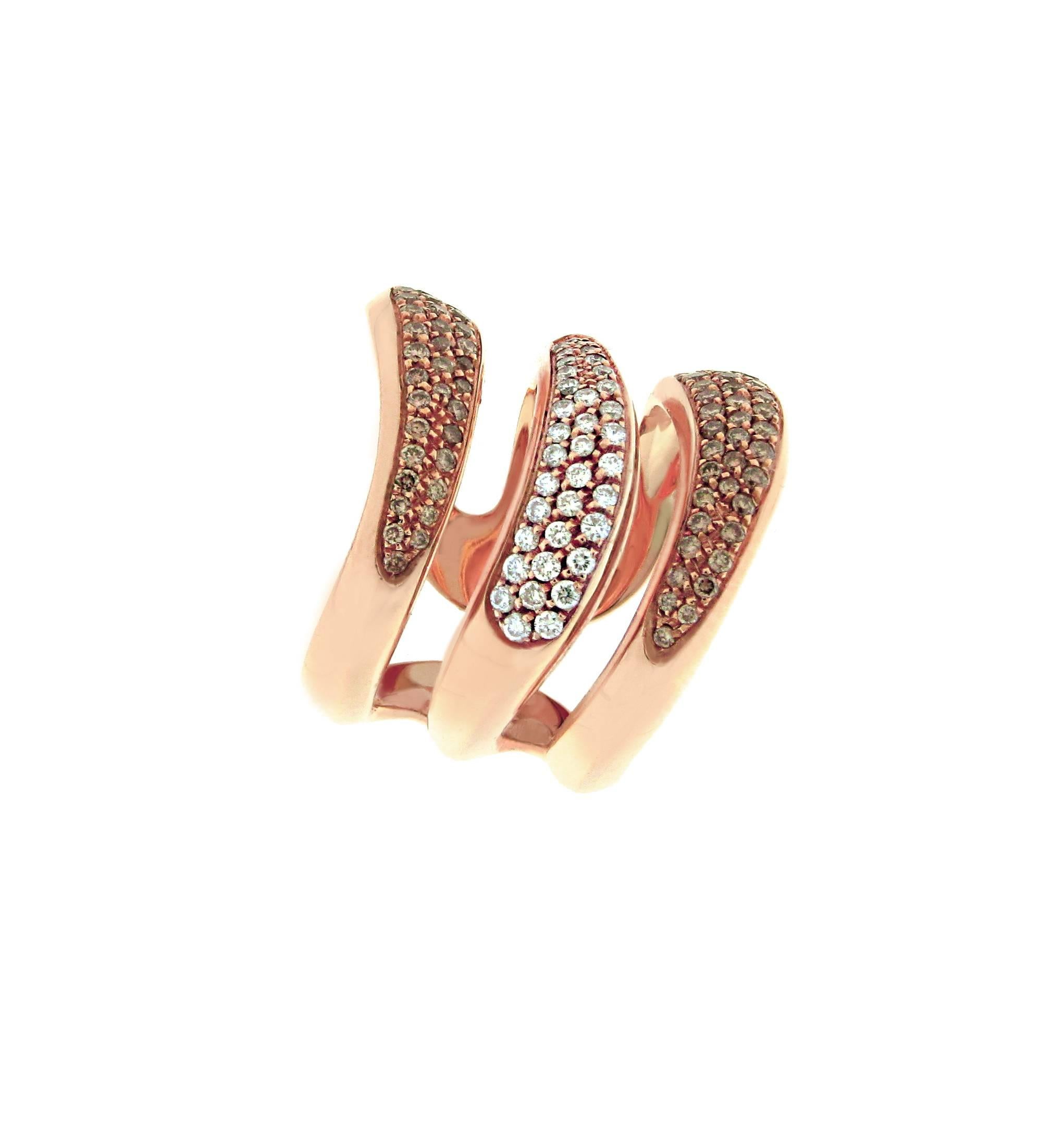 Gavello Rose Gold White Brown Diamond Triple Band Ring In New Condition For Sale In Milan, IT