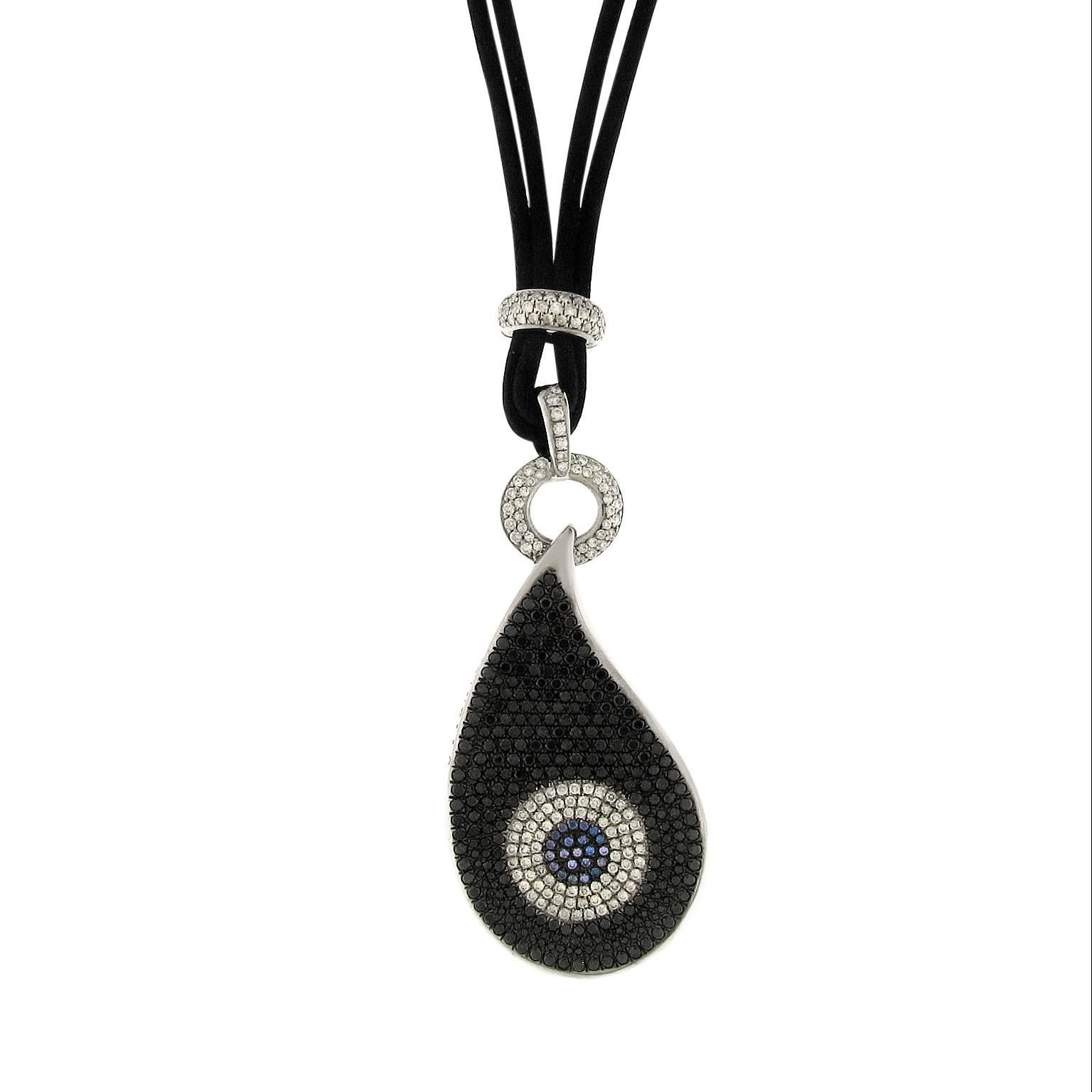 Gavello White Gold Black Diamond Tanzanite Pave Evil Eye Pendant Necklace For Sale