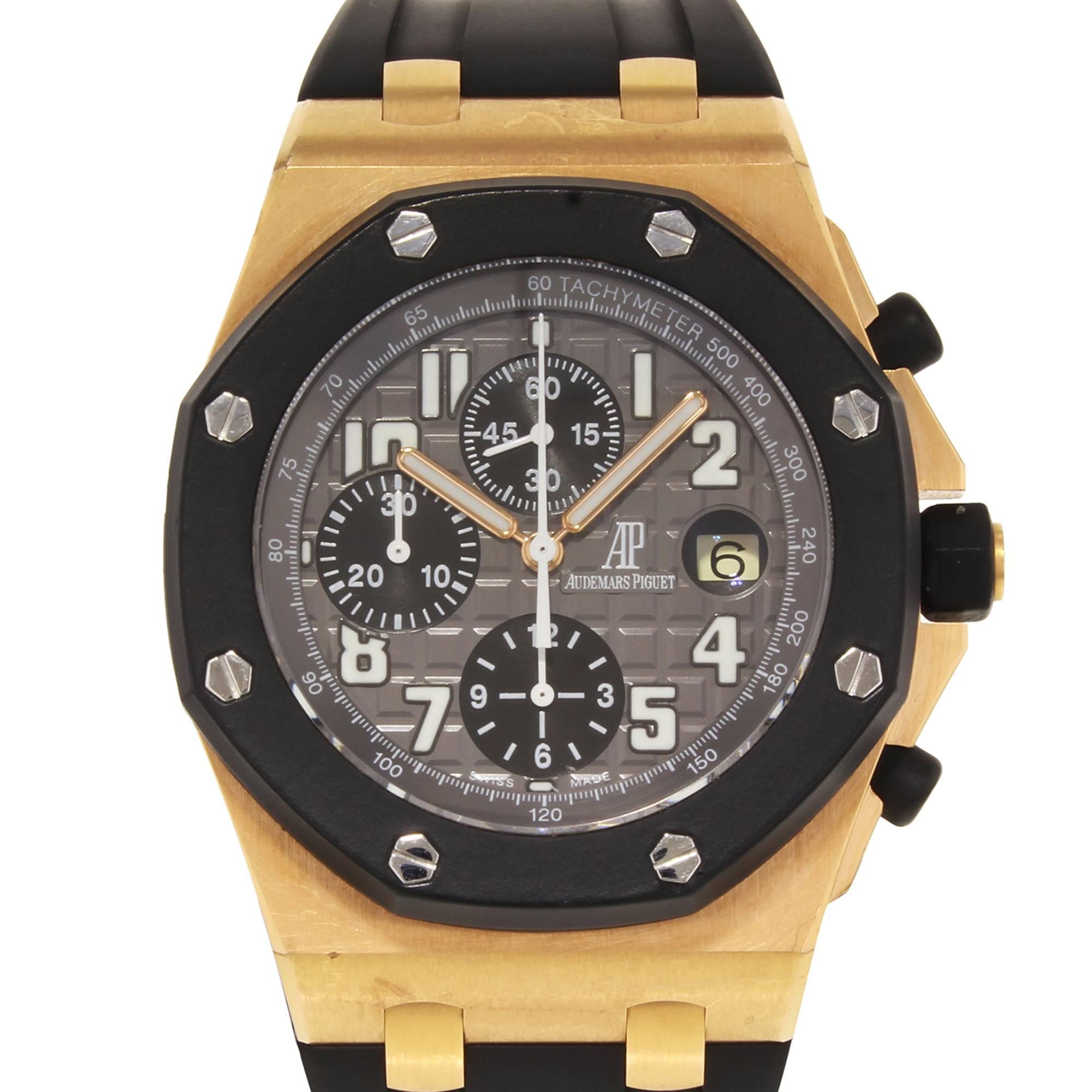 This pre-owned Audemars Piguet Royal Oak 25940OK.OO.D002CA.01.A is a beautiful men's timepiece that is powered by an automatic movement which is cased in a rose gold case. It has a hexagonal shape face, chronograph, date, small seconds subdial dial