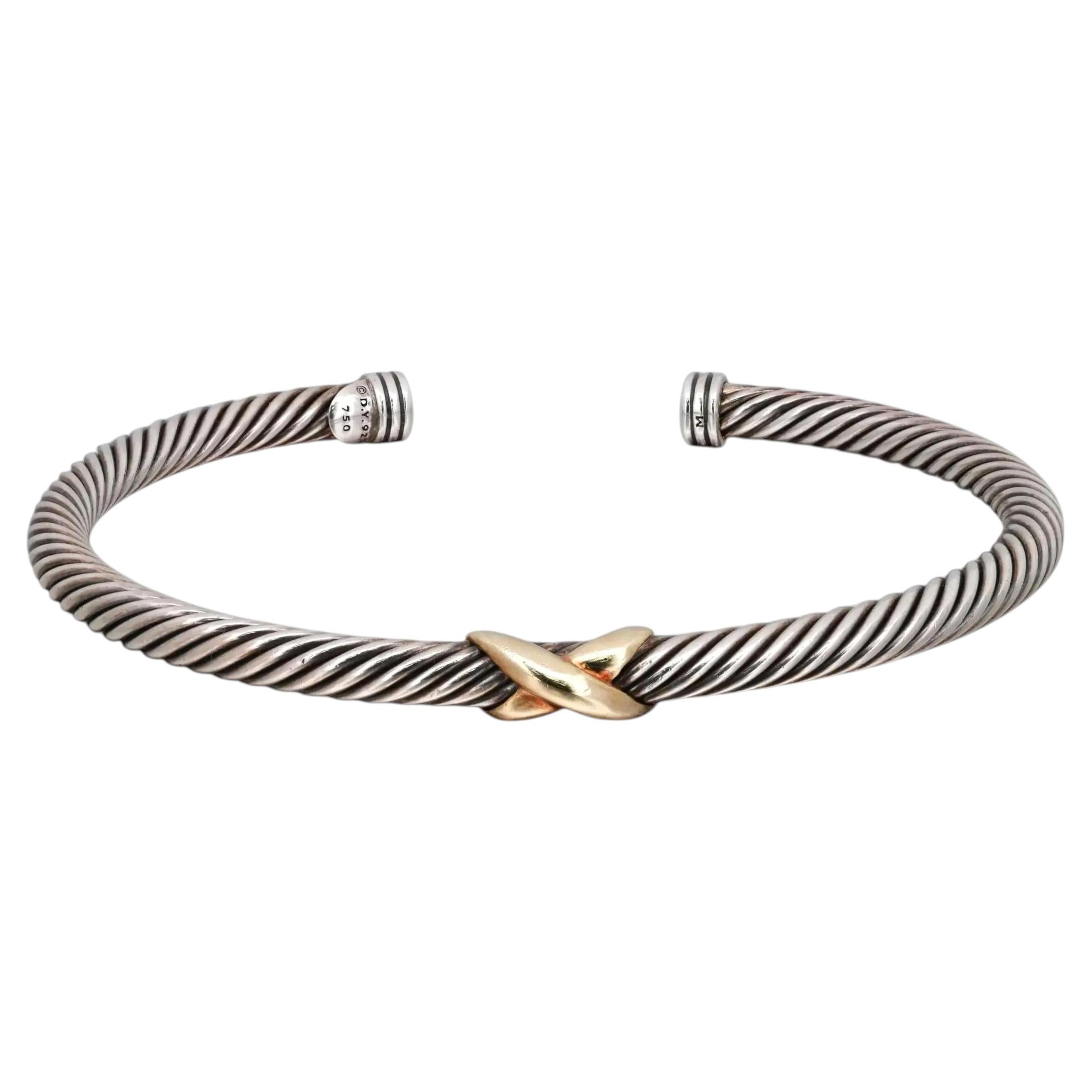 David Yurman X Classic Cable Station Bracelet 925 Sterling Silver 18K Gold 4mm For Sale
