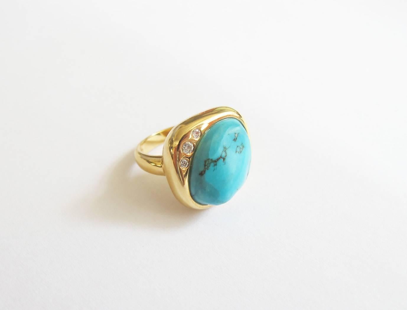 18K Yellow Gold Turquoise Diamond Sculptural Ring For Sale 2
