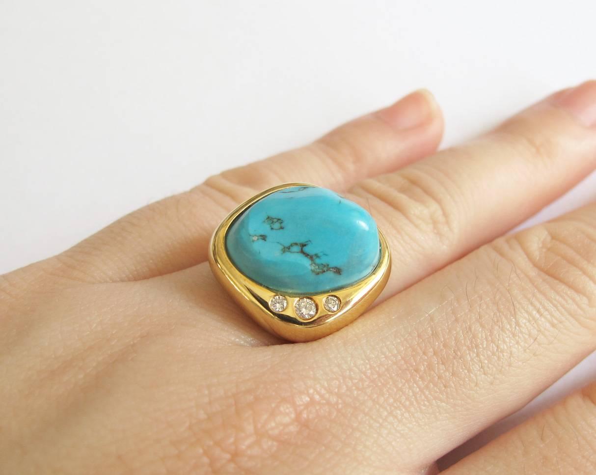18K Yellow Gold Turquoise Diamond Sculptural Ring For Sale 4