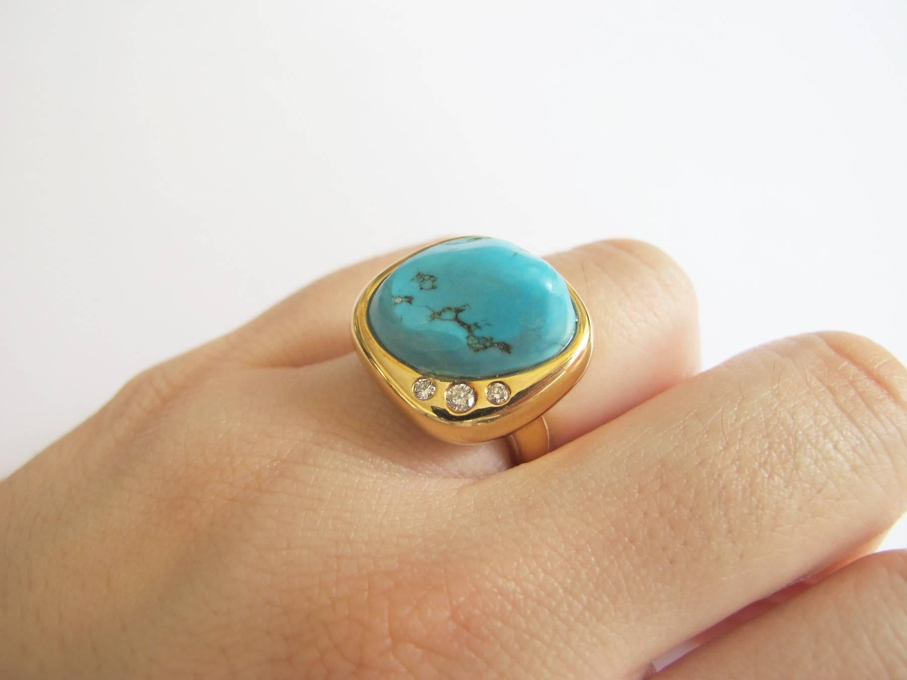 18K Yellow Gold Turquoise Diamond Sculptural Ring For Sale 5