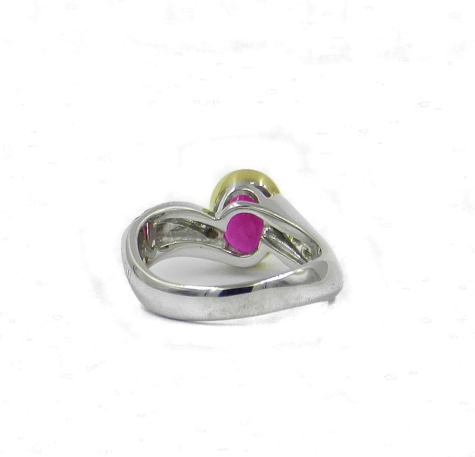 Ring in 18kt white gold with a very nice red color ruby, oval shape, weight carats 1.38 . The ring has round diamonds on the shank for a total carat weight of 0.38 
A ring that should be considered because it's wearable all time and for the value.