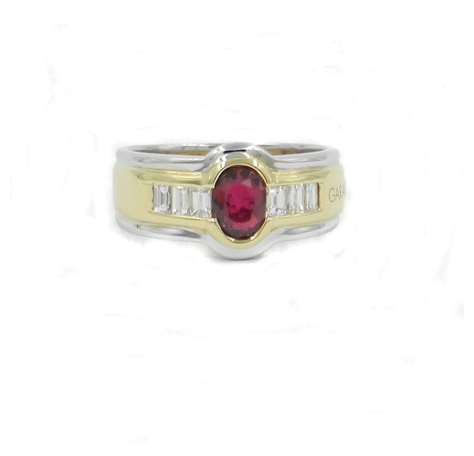 Ring in 18kt yellow and white gold with oval shape red ruby weight carat 0.82 and baguette cut white diamonds total weight carat 0.42 
Ring easy to wear every day on the ring finger or the pinky finger. Circa 1960. Ring size 53