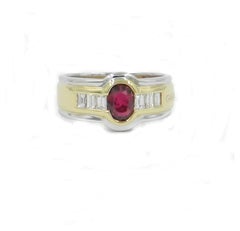 Oval Shape Red Ruby 0.82 Baguette Cut Diamonds 0.42 Ring, circa 1960