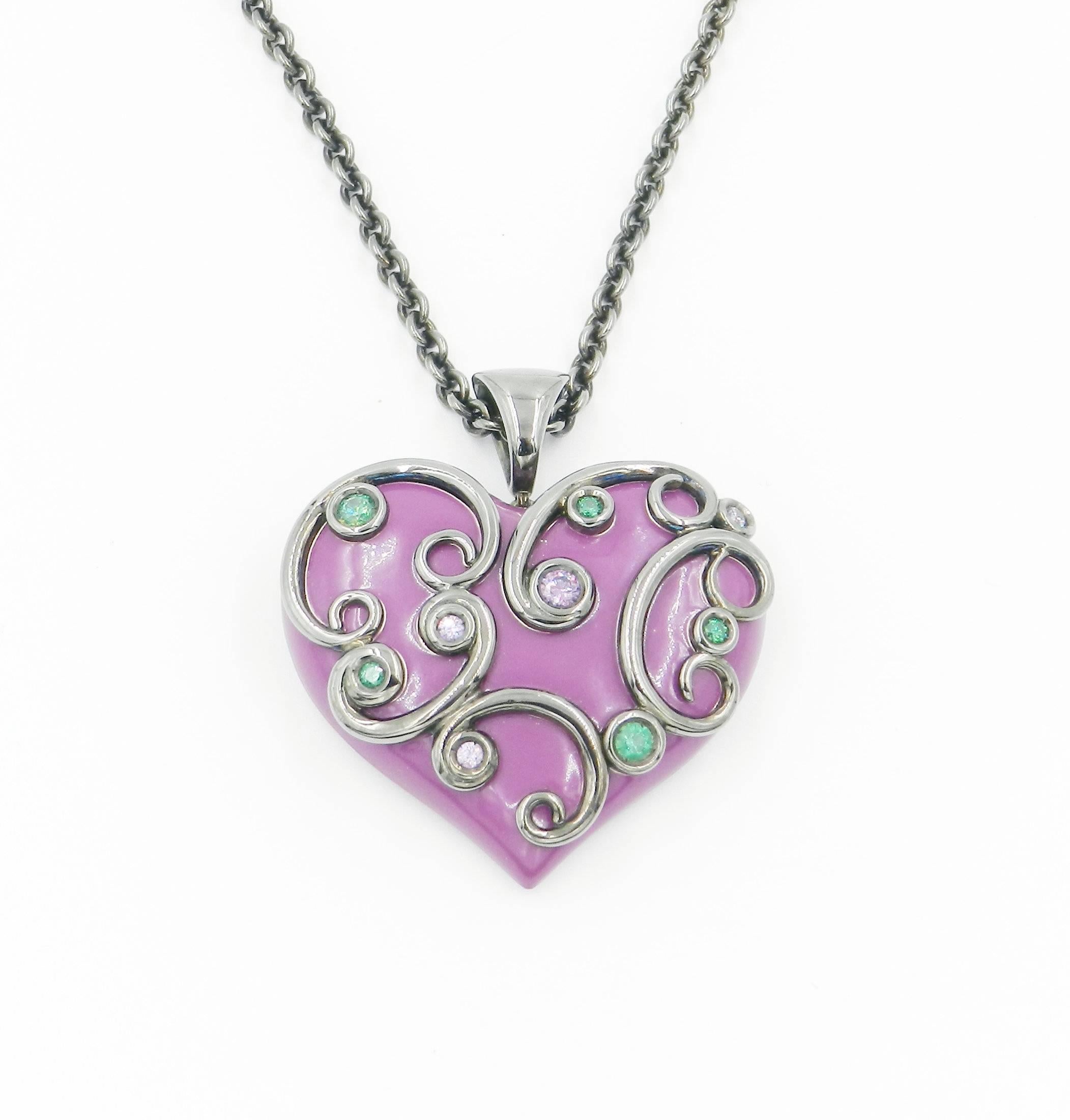 Originally designed across the millenium this fabulous chain with pendant is in silver and features a total of 1.00 carat of tzavorite and amethyst. The pendant size is mm 40 x 35. The chain lenght is 50 cm. Handcrafted in Italy, from the Garavelli