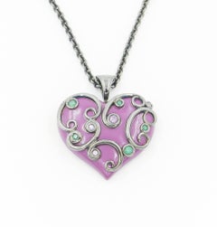 Silver Heart Pendant with Purple Enamel Tzavorite and Amethyst