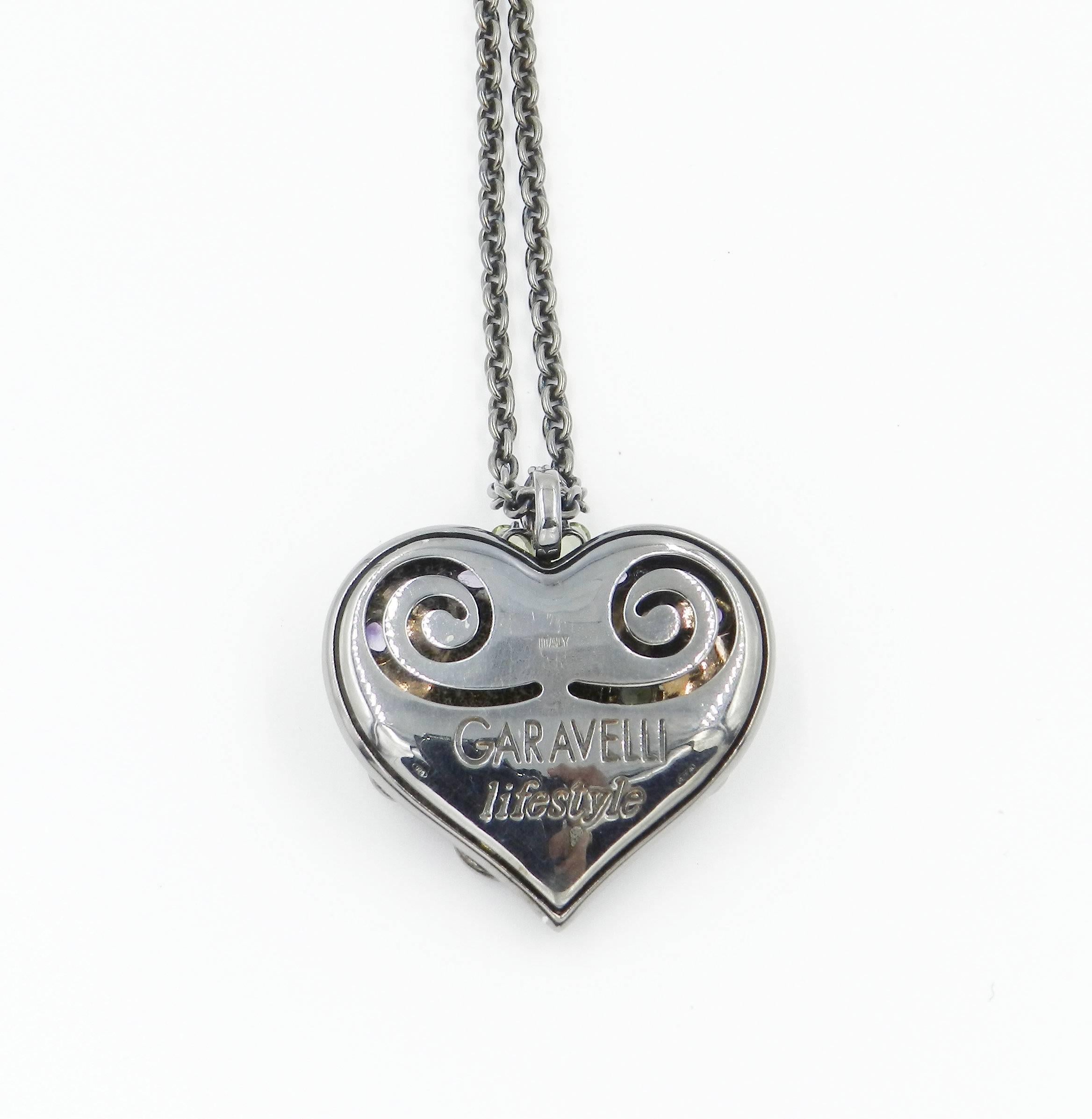 Modern Silver Heart Pendant with Black Enamel Peridot and Amethyst