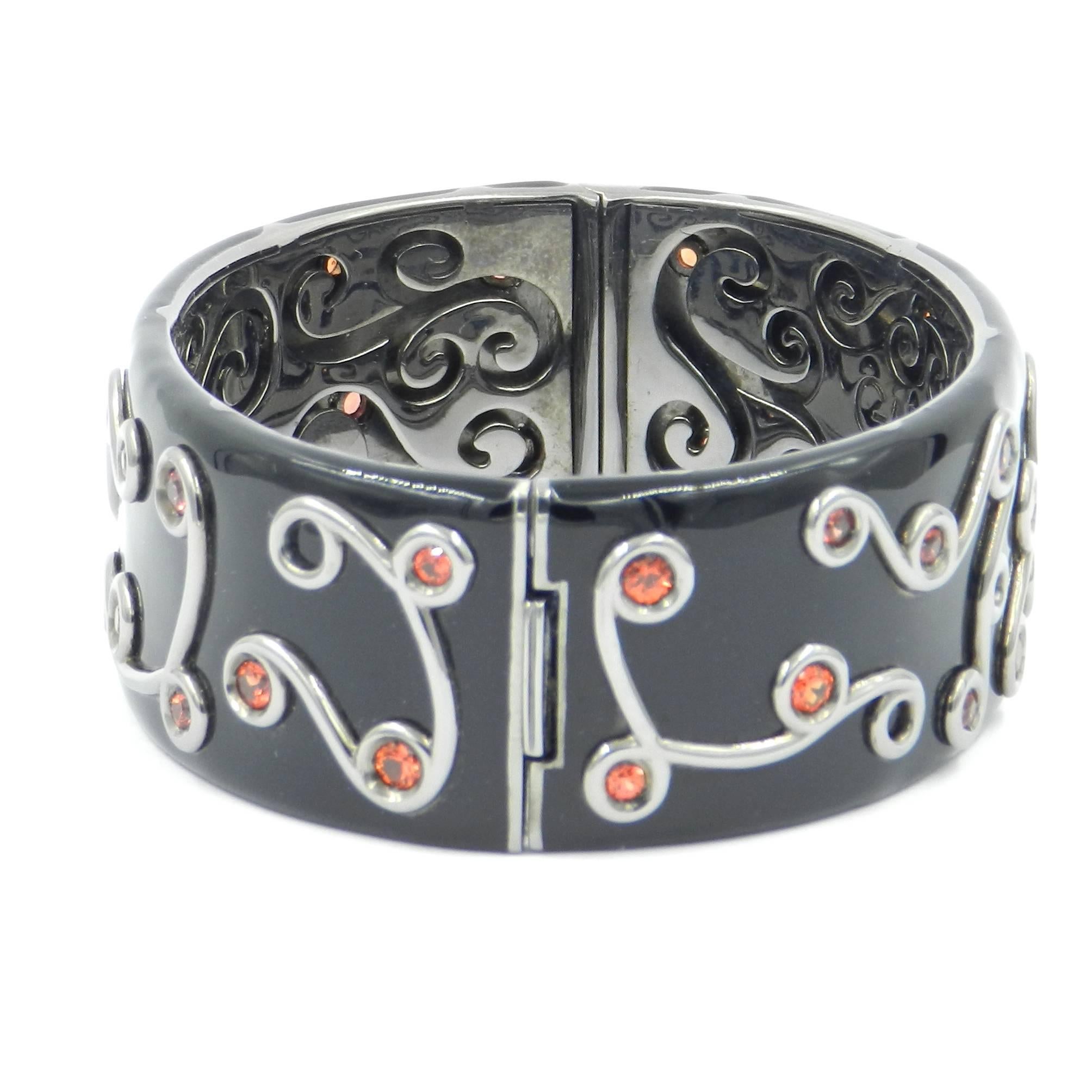 Modern Black Enamel Silver Bracelet with Orange Sapphires