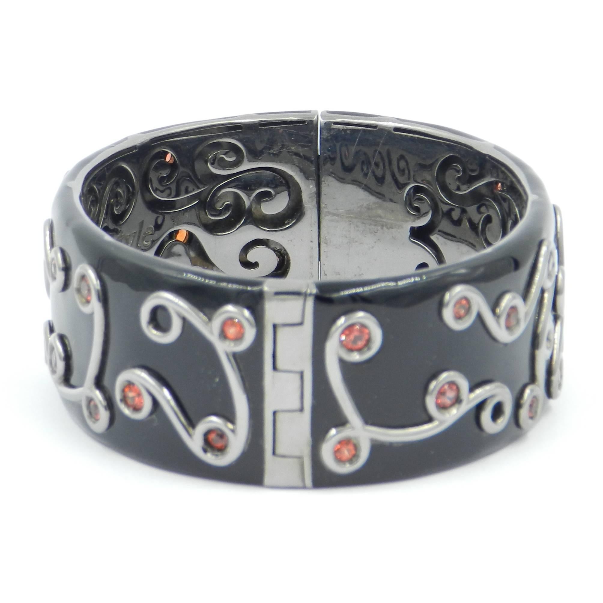 Black Enamel Silver Bracelet with Orange Sapphires In New Condition In Valenza, IT