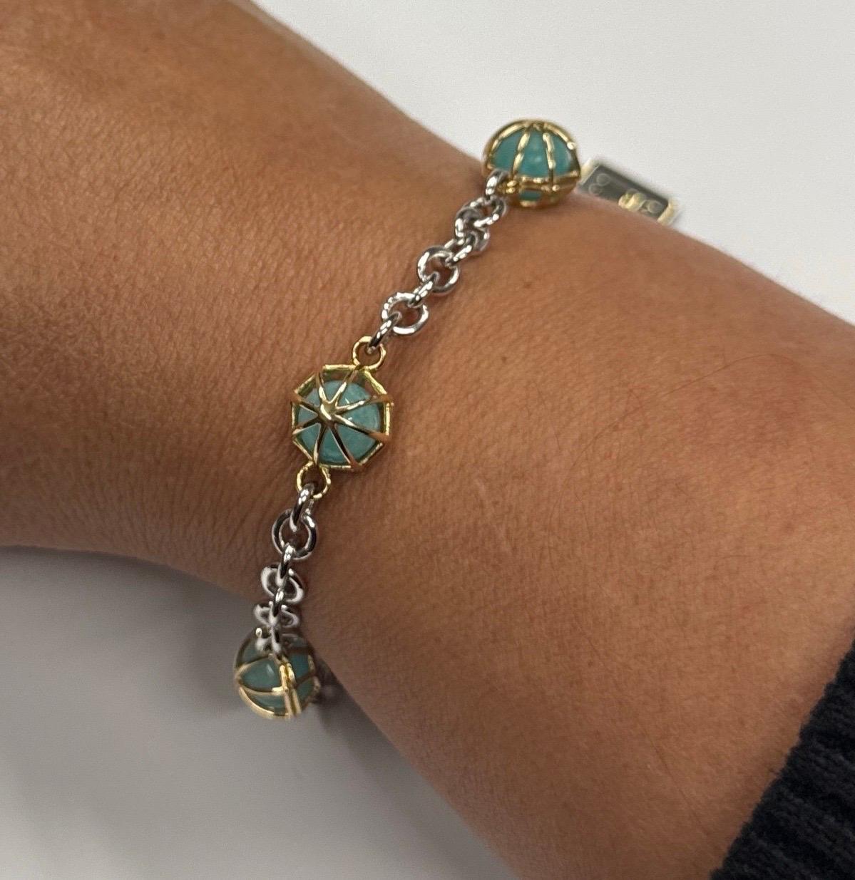 18KT Kettenarmband aus Gelbgold und Silber mit Praseolite  Sphären im Angebot 1