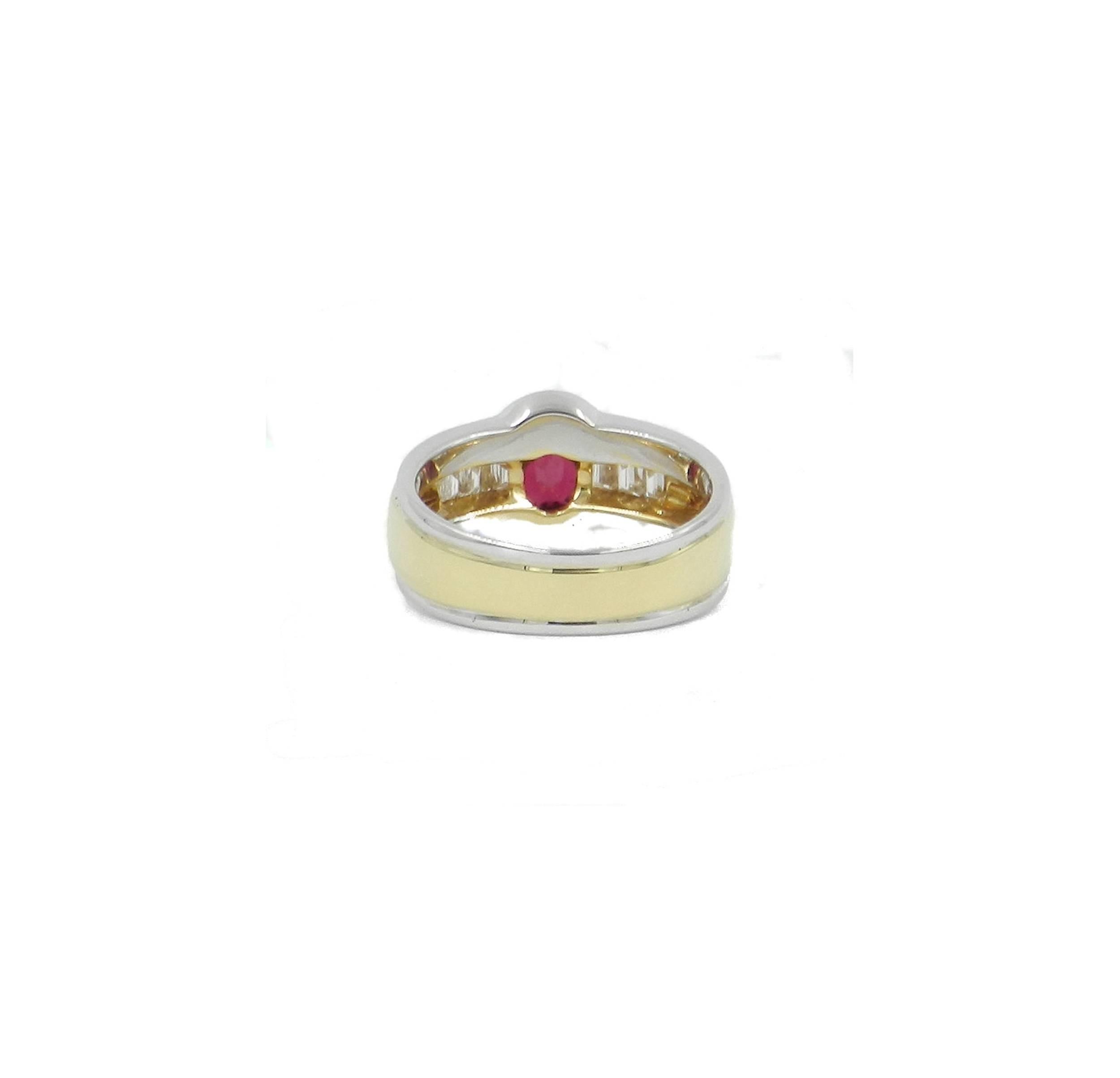 Oval Cut Oval Shape Red Ruby 0.82 Baguette Cut Diamonds 0.42 Ring, circa 1960 For Sale