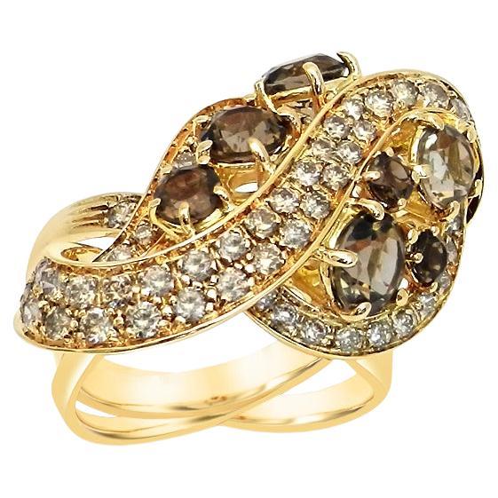 Garavelli, bague cocktail moderne en or 18 carats, diamants bruns et quartz fumé
