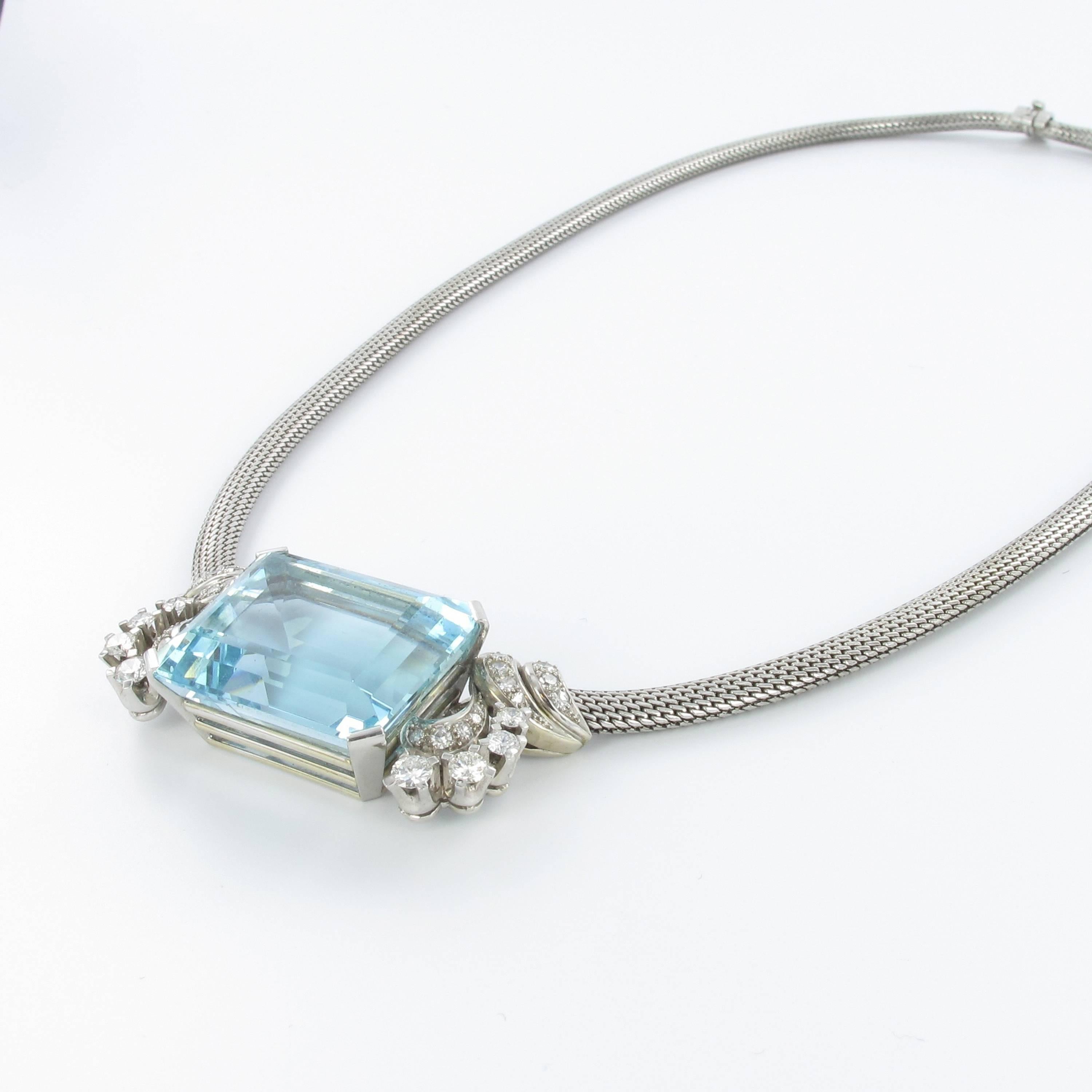 Emerald Cut Aquamarine and Diamond Gold Necklace For Sale