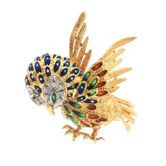 Beautiful Enamelled Owl Brooch in 18k Yellow Gold