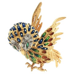 Beautiful Enamelled Owl Brooch in 18k Yellow Gold