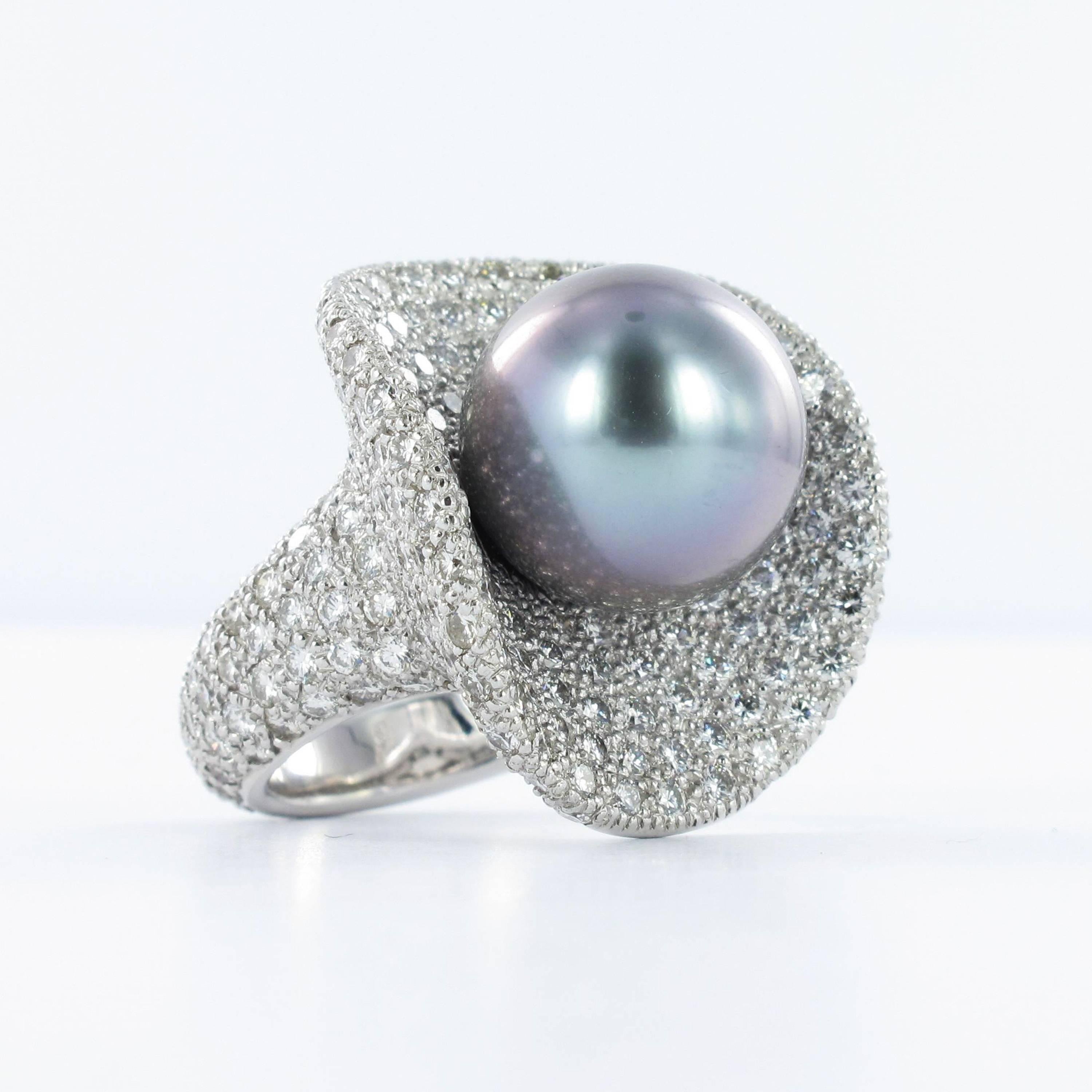 Contemporary Fabulous Tahitian Cultured Pearl Diamond Ring