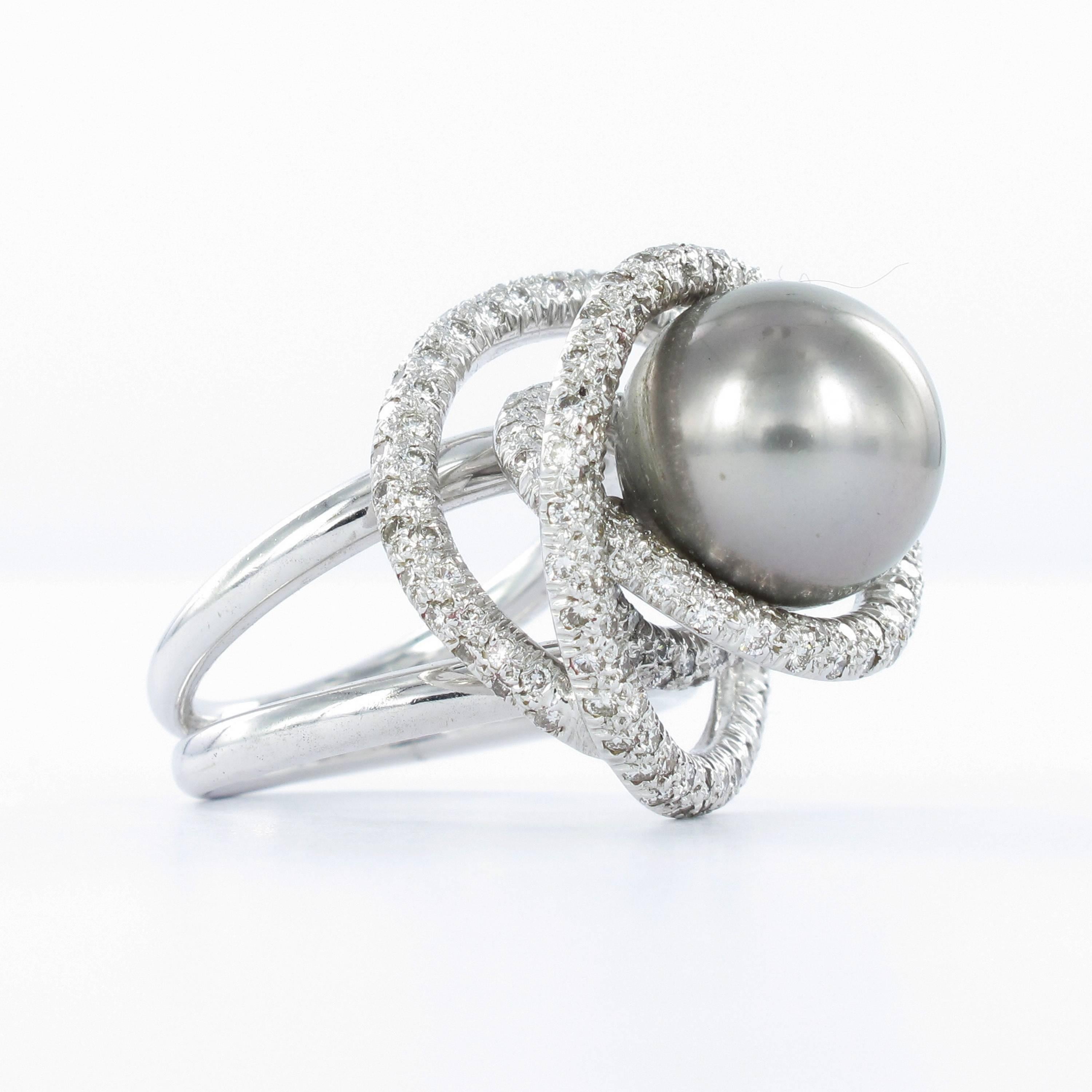 Modern Tahitian Cultured Pearl Diamond Ring