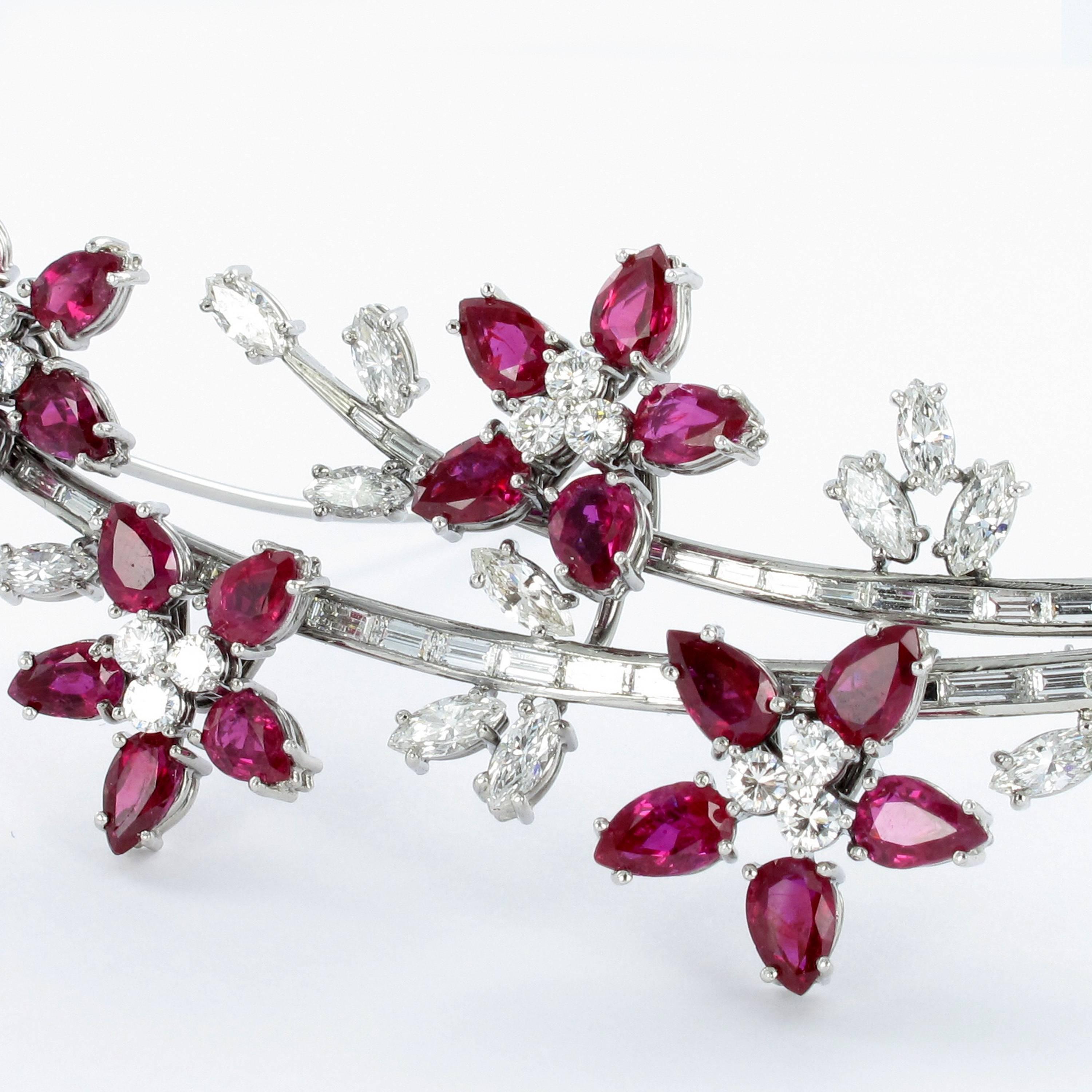 Women's or Men's Very Fine Ruby and Diamond Platinum Flower Brooch