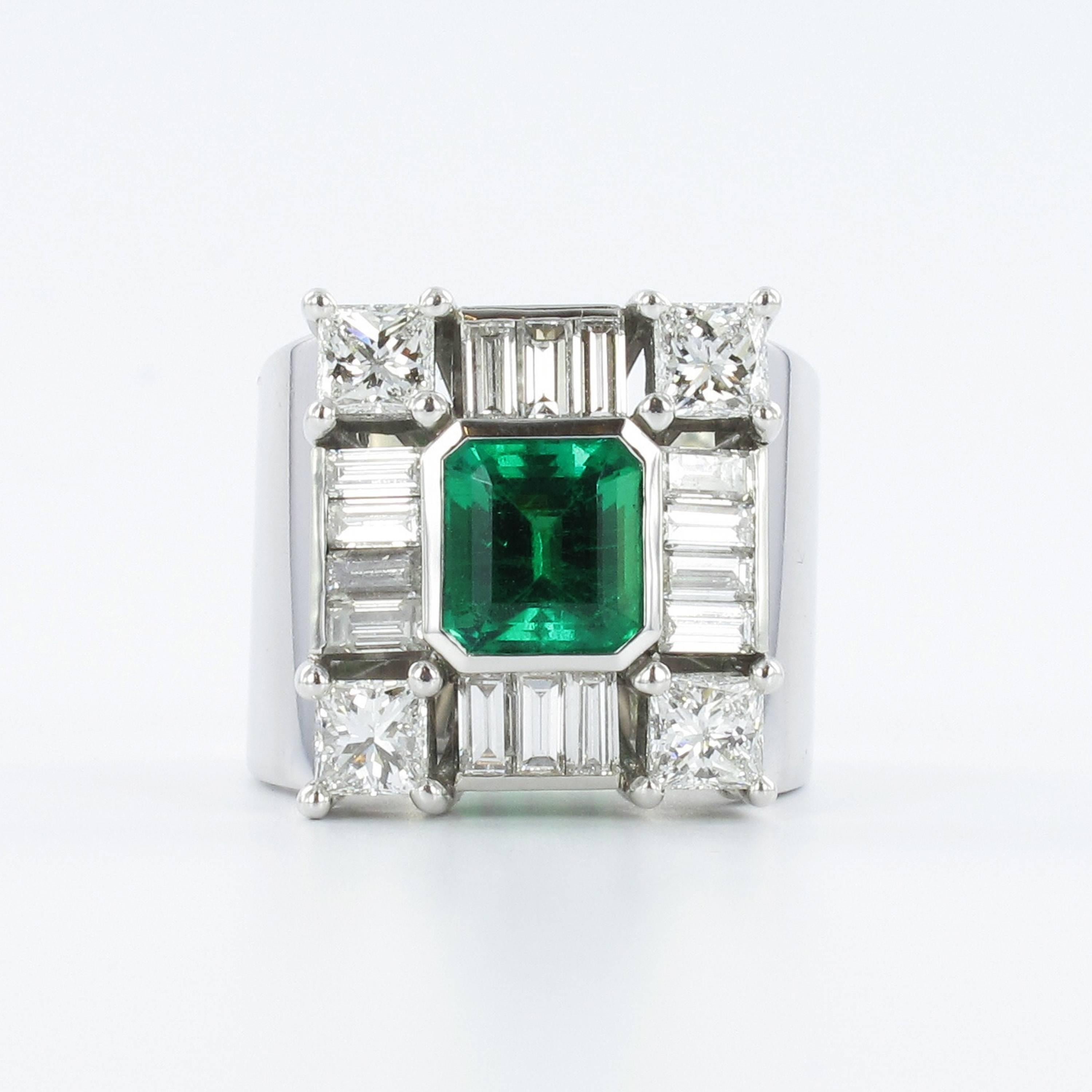 Emerald Cut Magnificent Emerald and Diamond Cocktail Ring For Sale