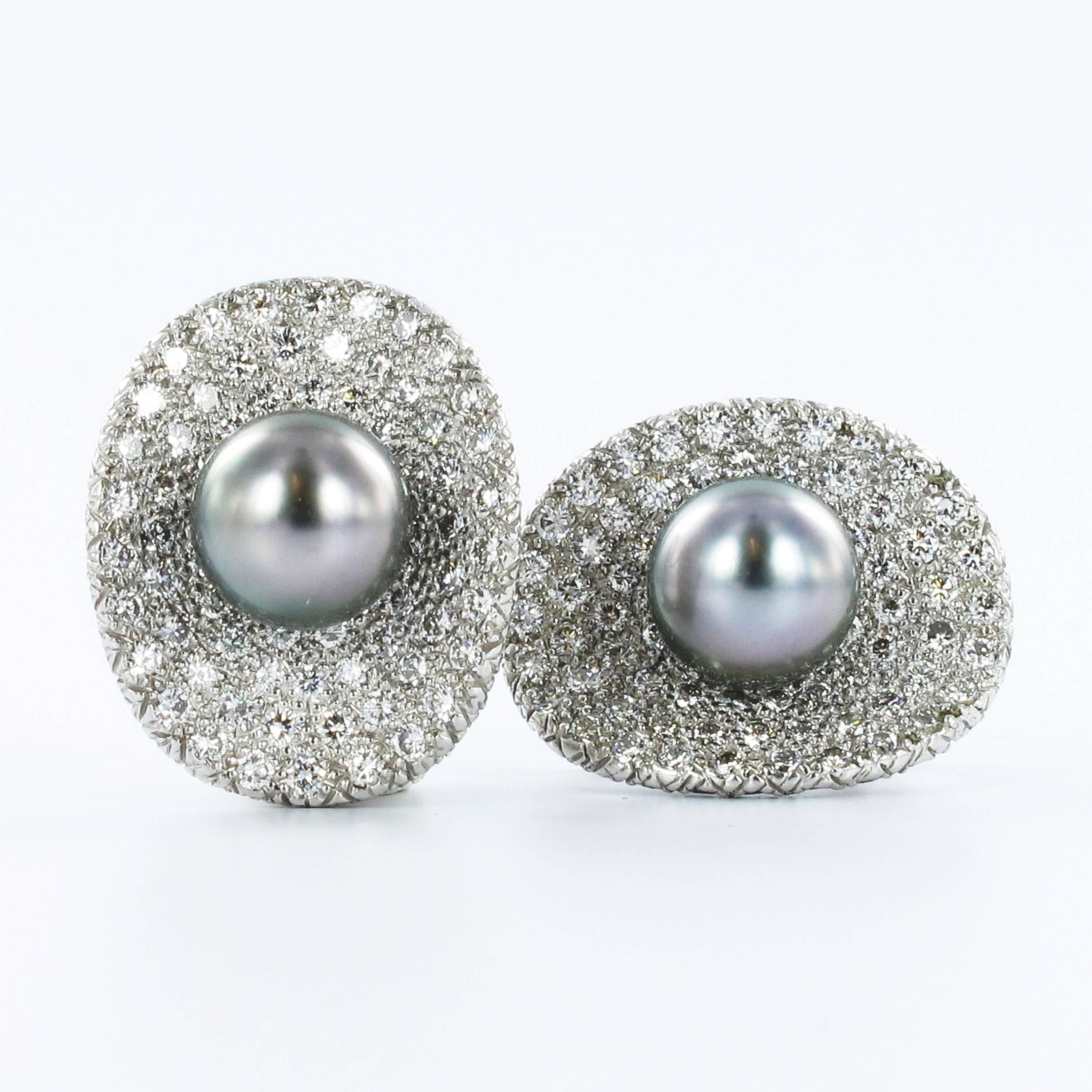 Contemporary Fabulous Tahitian Cultured Pearl Diamond Earclips For Sale