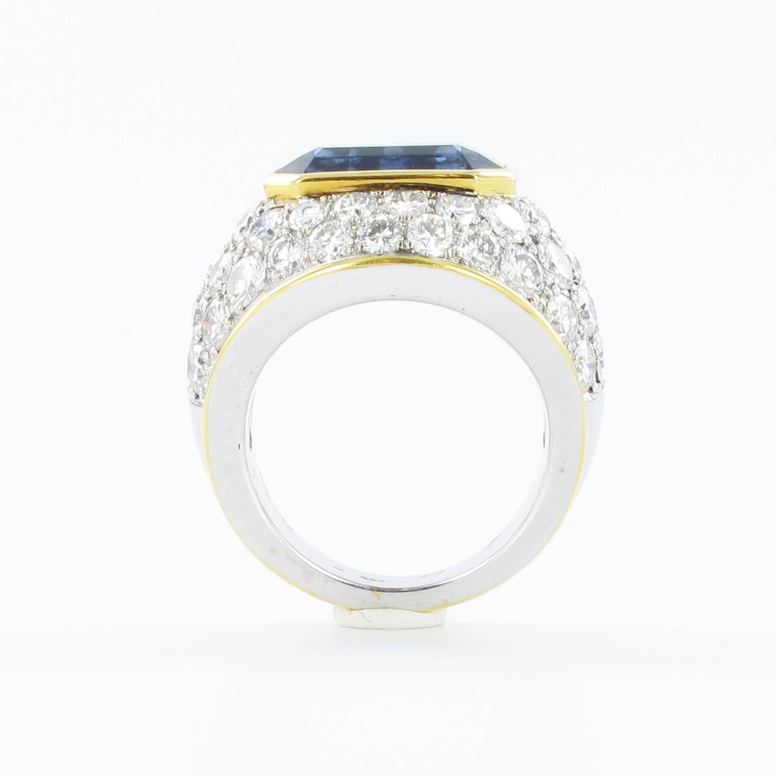 Emerald Cut Sapphire Diamond Yellow and White Gold Ring For Sale