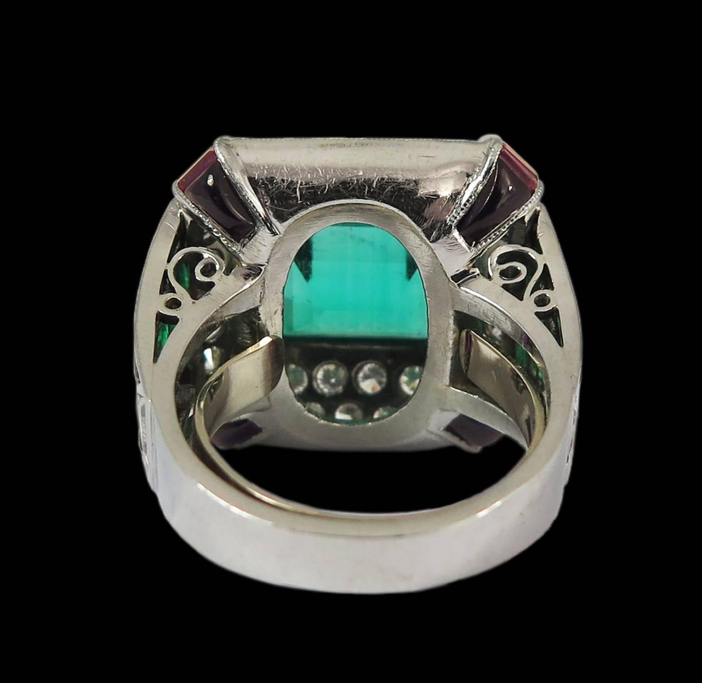 Emerald Cut Stunning Colombian Emerald Ruby Diamond Onyx Platinum Ring For Sale