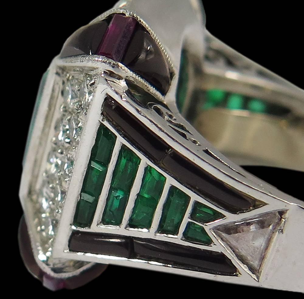 Stunning Colombian Emerald Ruby Diamond Onyx Platinum Ring For Sale 1