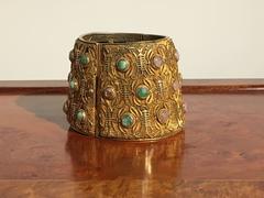 Large Chinese Export Gilt Silver Cuff with Jadeite and Tourmaline, 1940s