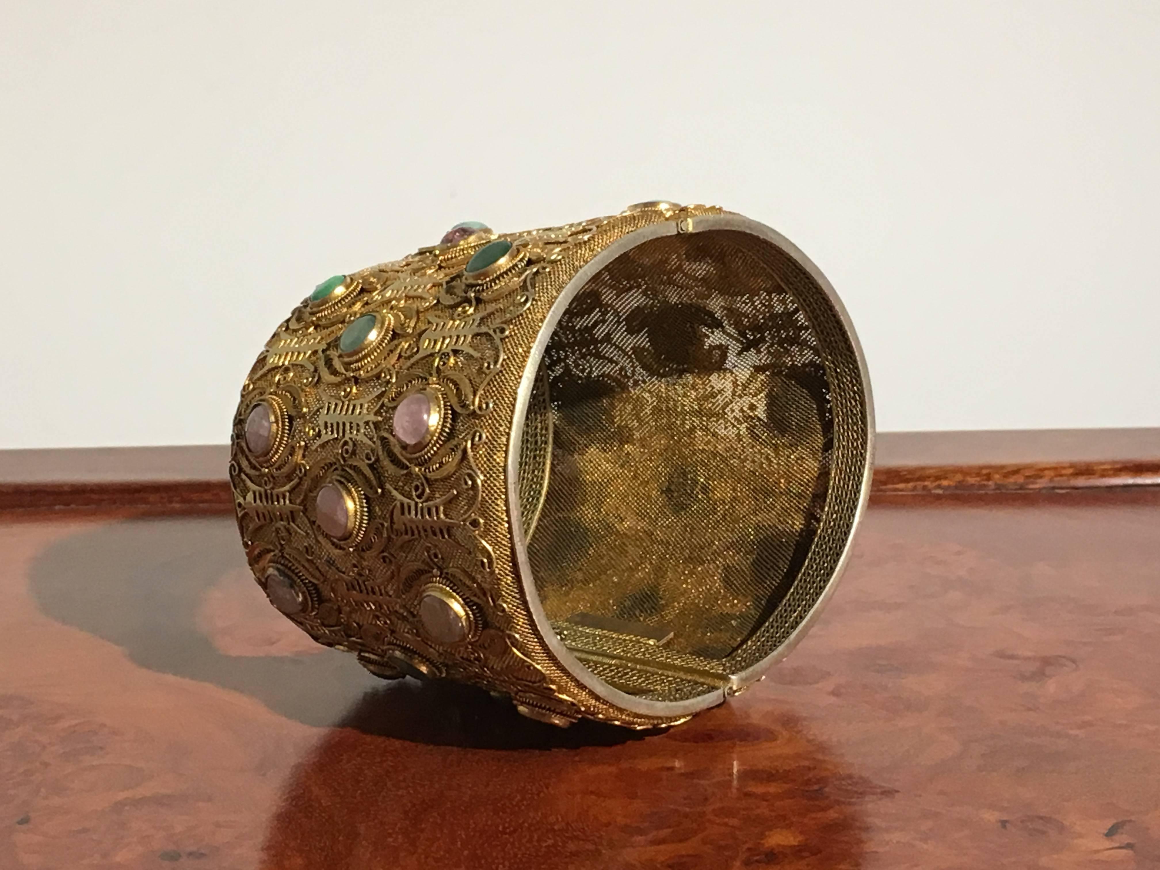 Women's Large Chinese Export Gilt Silver Cuff with Jadeite and Tourmaline, 1940s