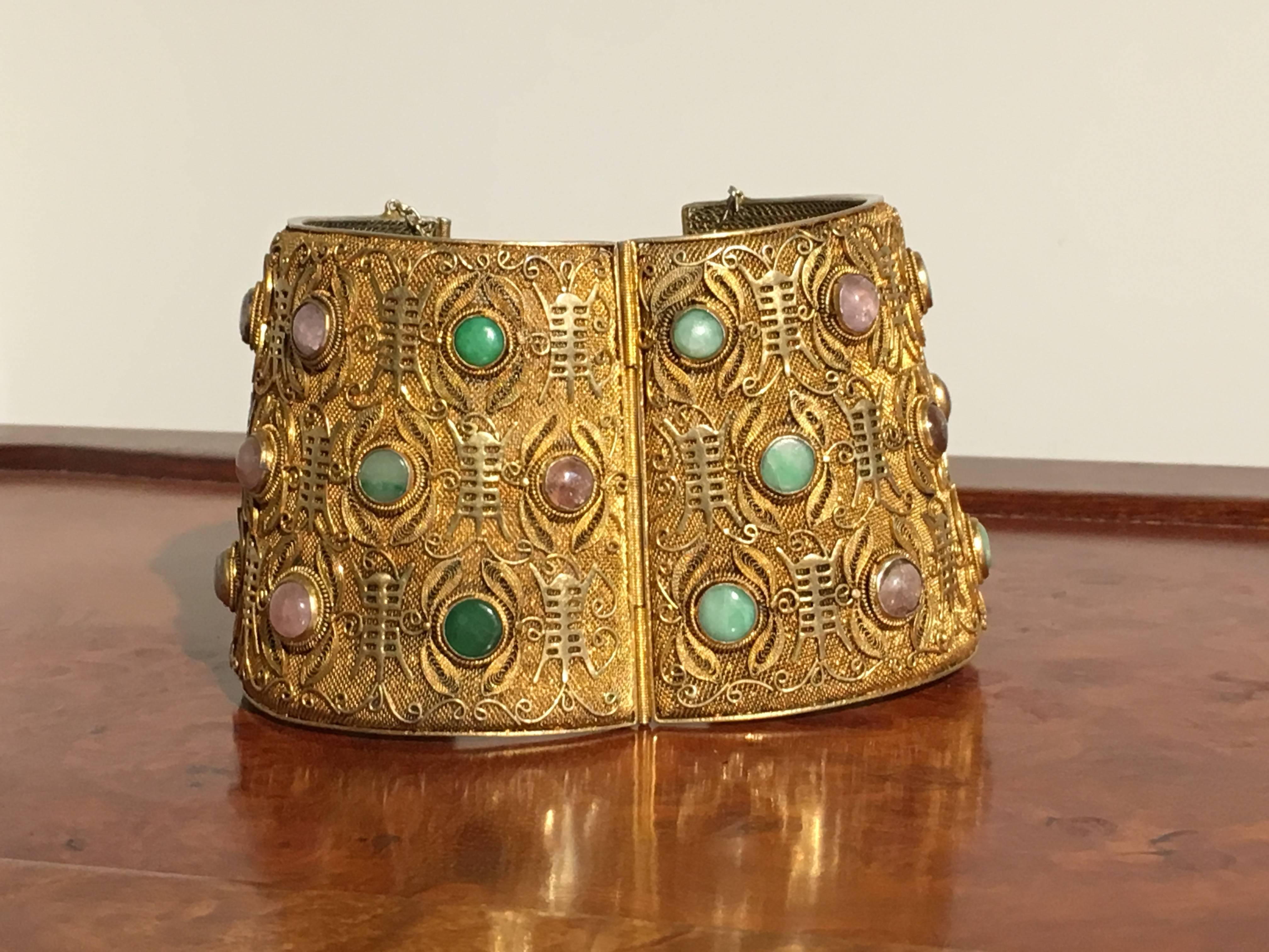 Large Chinese Export Gilt Silver Cuff with Jadeite and Tourmaline, 1940s In Good Condition In Austin, TX