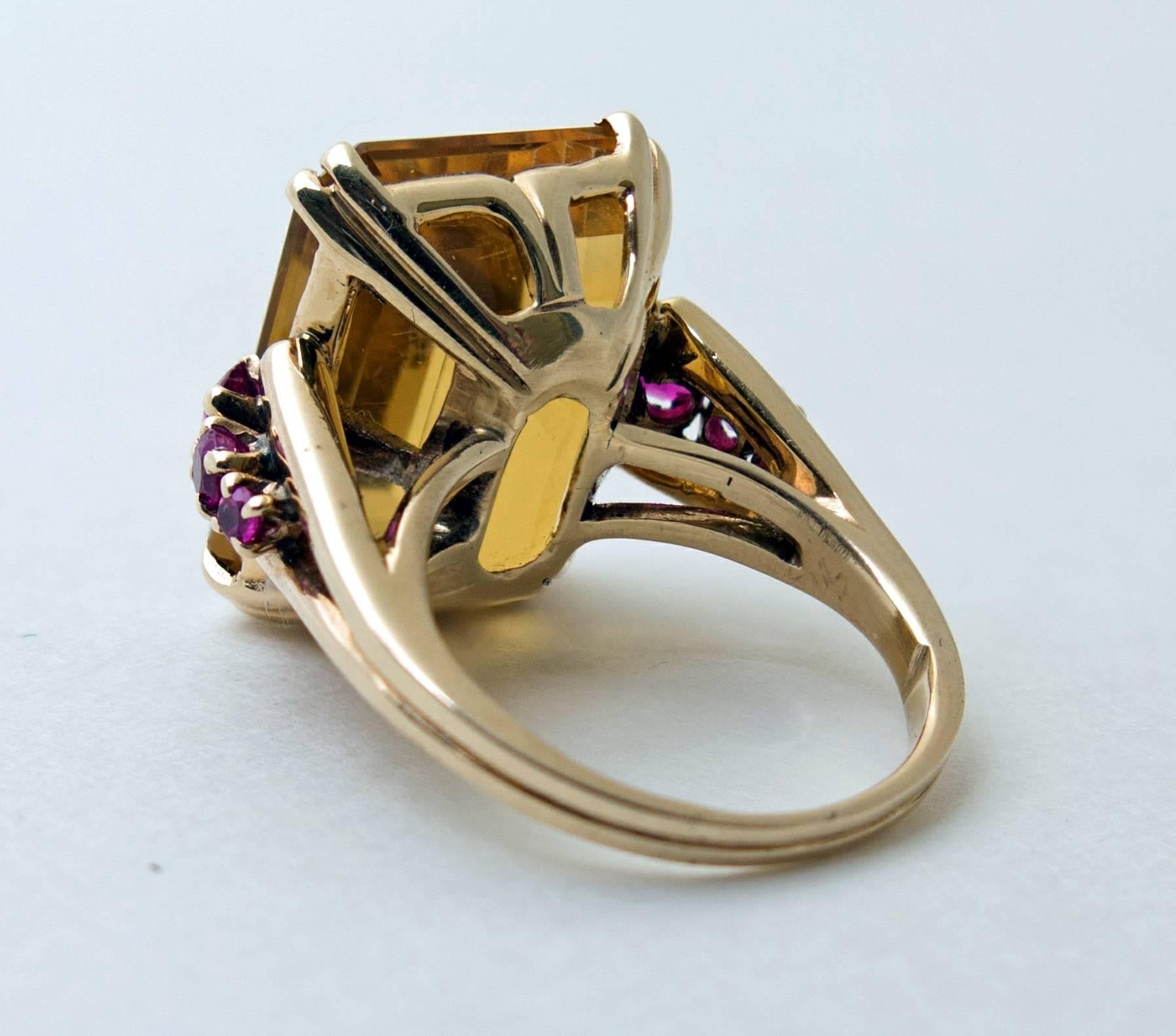 Emerald Cut Retro Citrine and Ruby Gold Ring