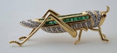 Grasshopper Emerald Diamond Gold Pin Brooch