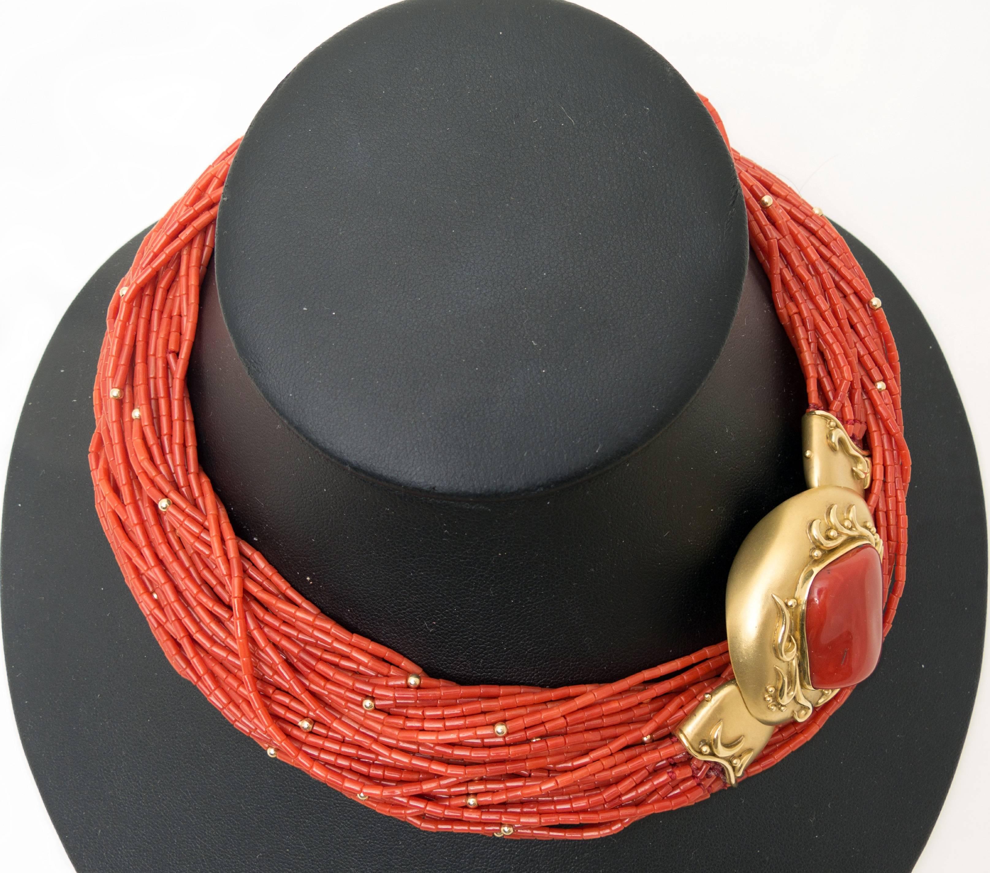 The long red coral necklace of opera length, with a total length of 34