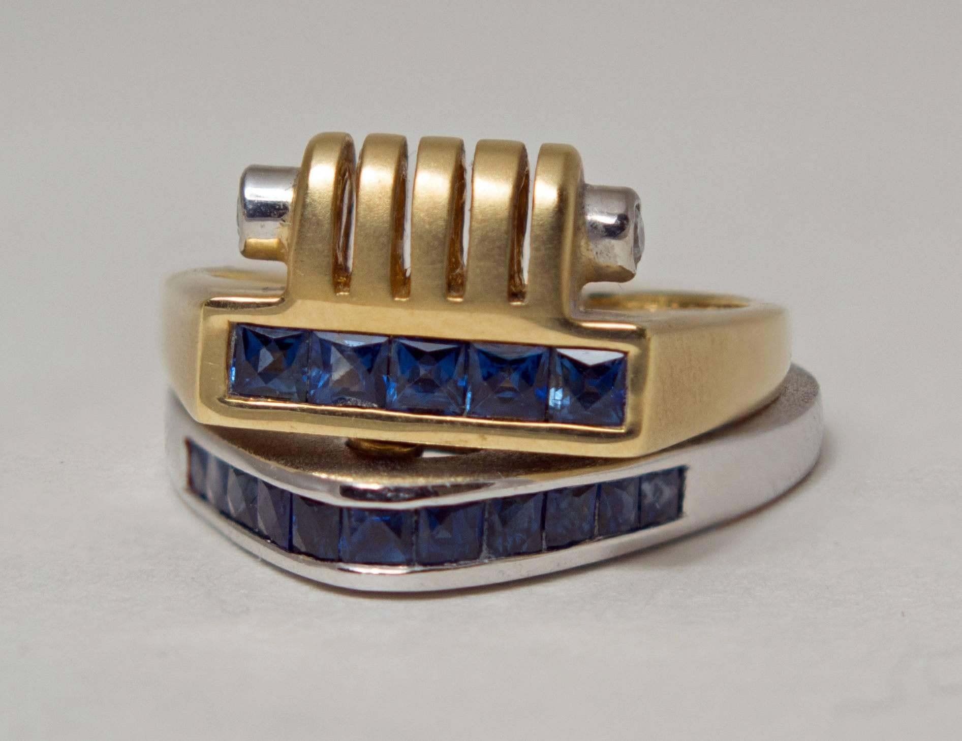 Industrial Style Stacking Rings, Platinum, 18k Gold, Sapphires, Diamonds In Good Condition In Austin, TX