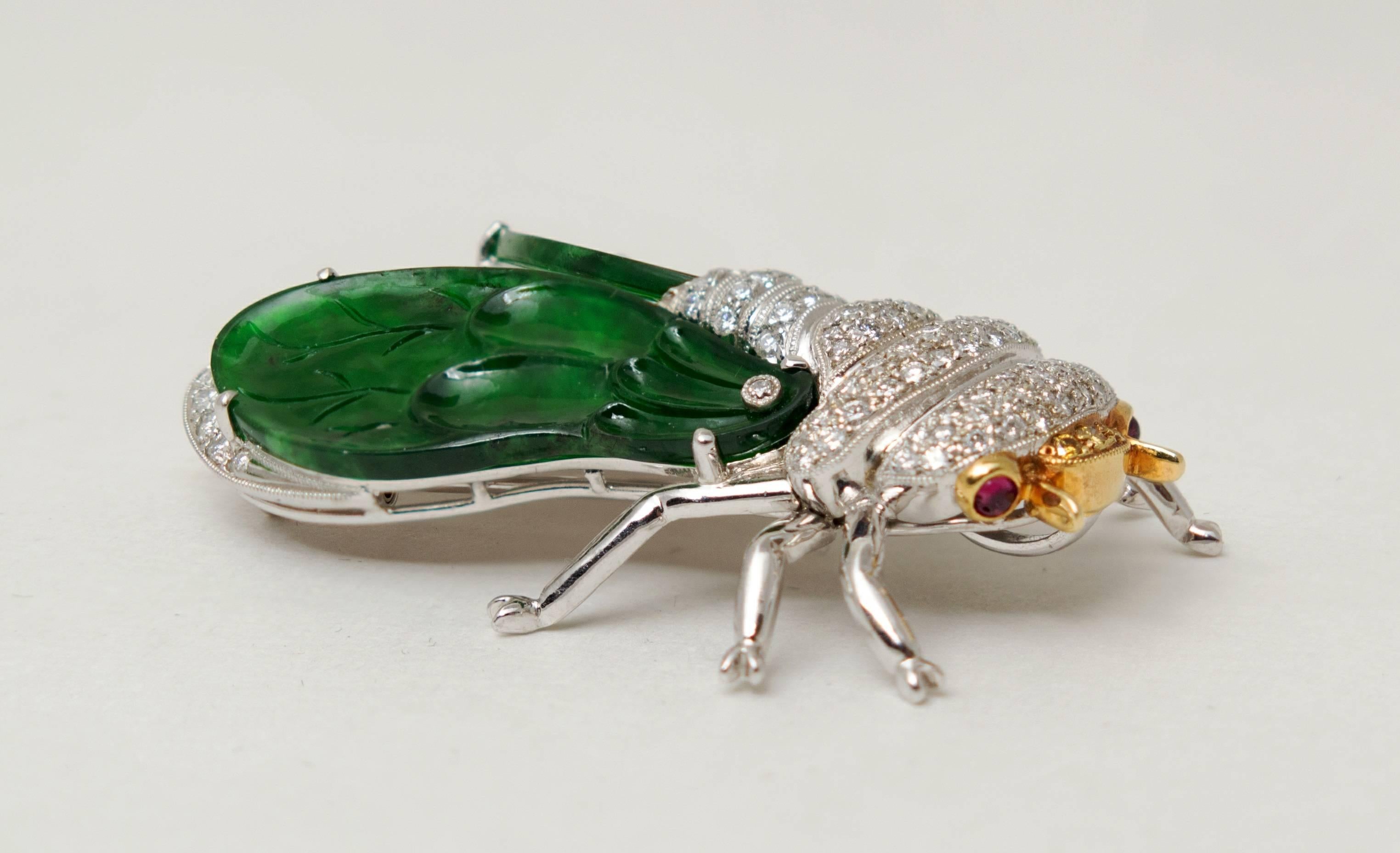 Women's or Men's Natural Jadeite Diamond Ruby 18K Gold Cicada Brooch Pendant