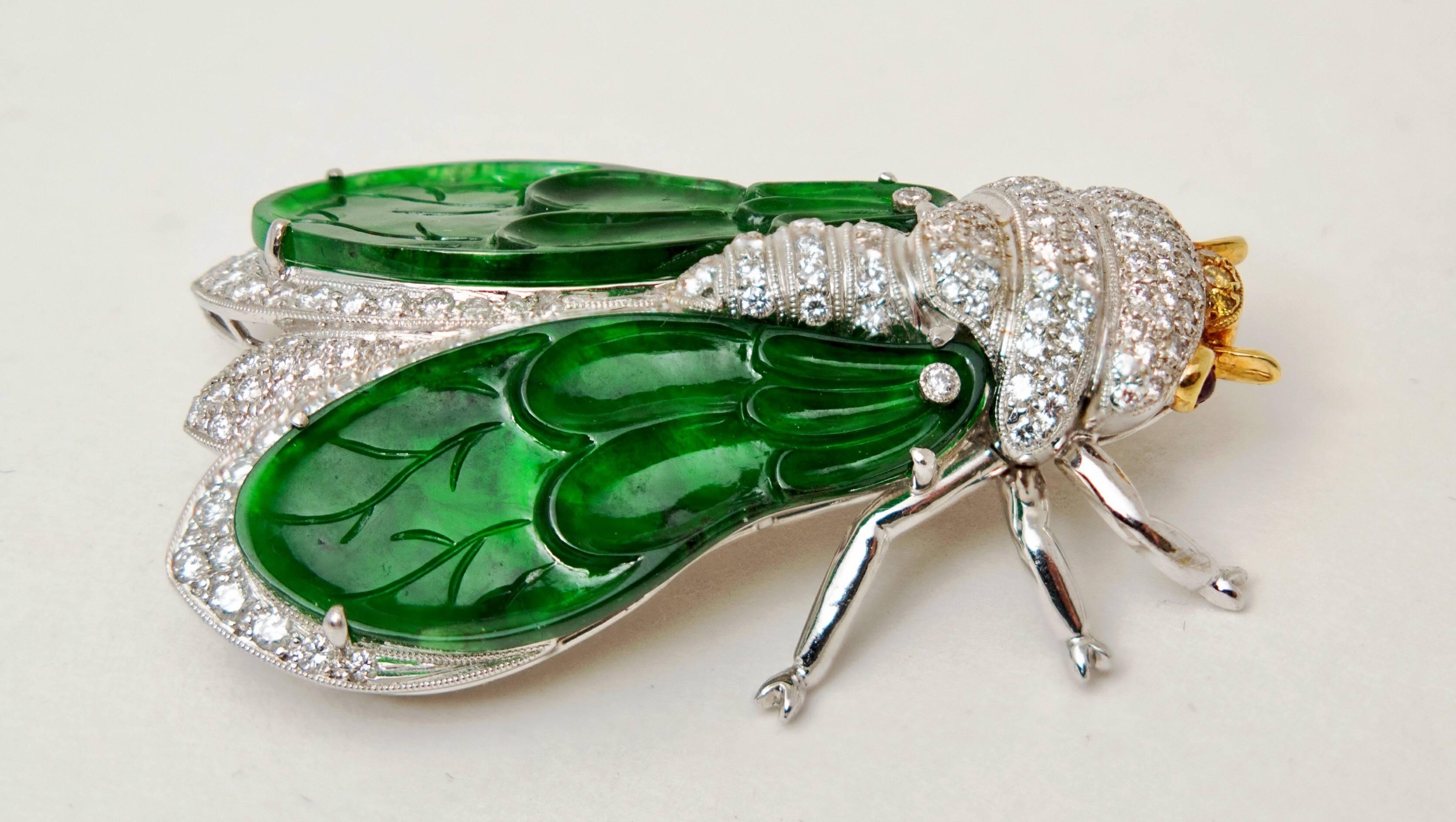 Artisan Natural Jadeite Diamond Ruby 18K Gold Cicada Brooch Pendant